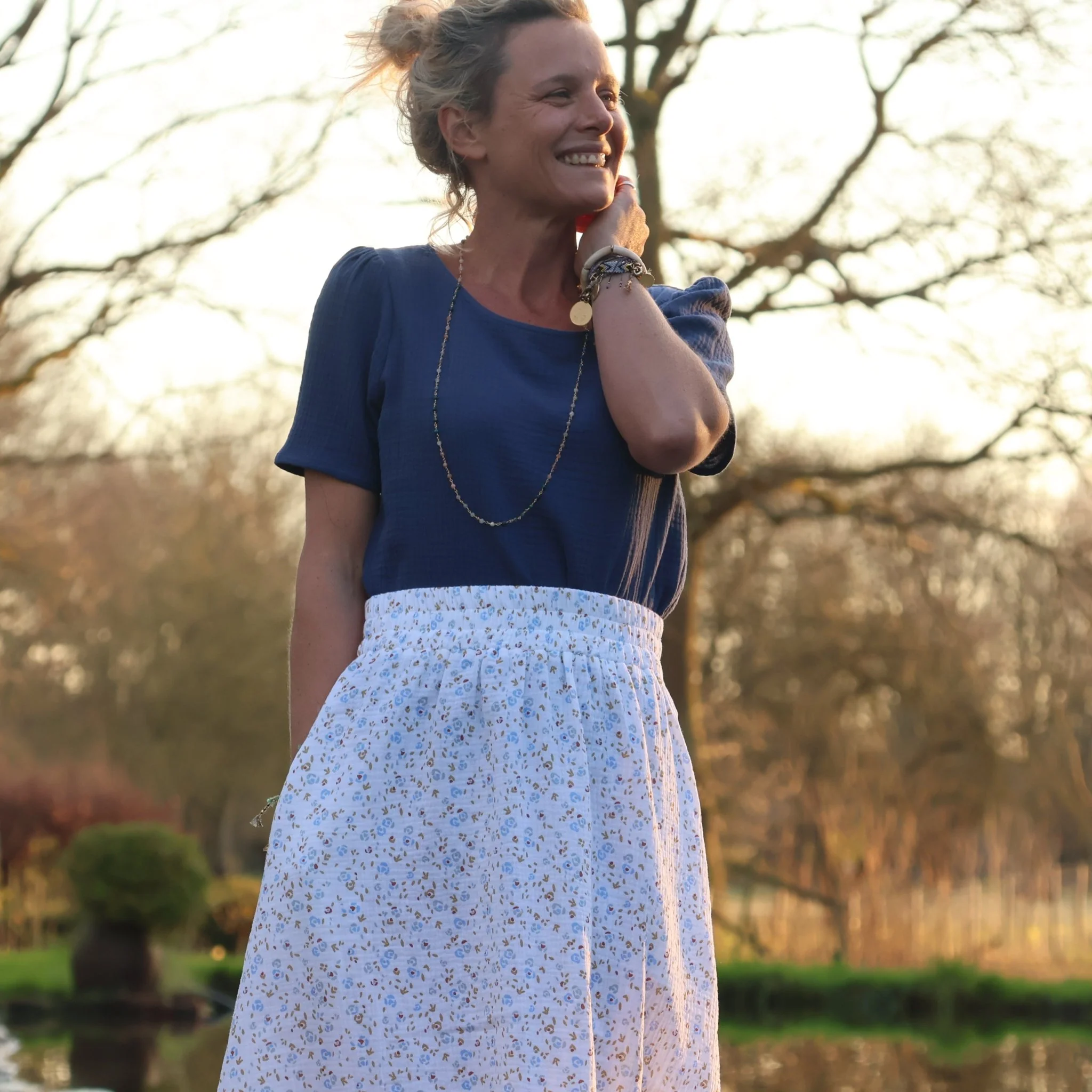 Blouse Eulalie col rond - manches courtes- double gaze de coton indigo - Image 7