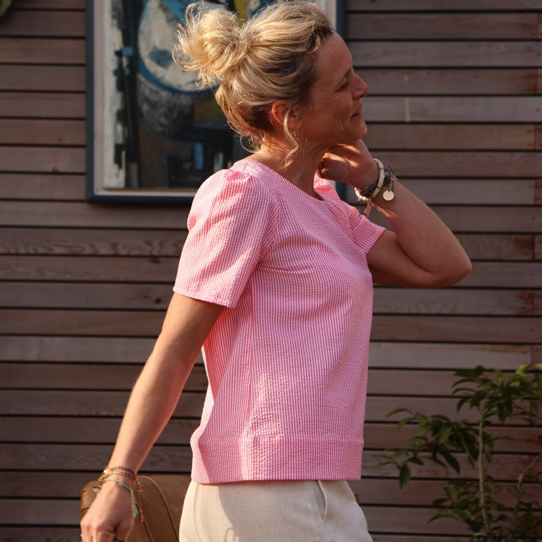 Blouse Eulalie col rond - manches courtes - seersucker rayures orangées