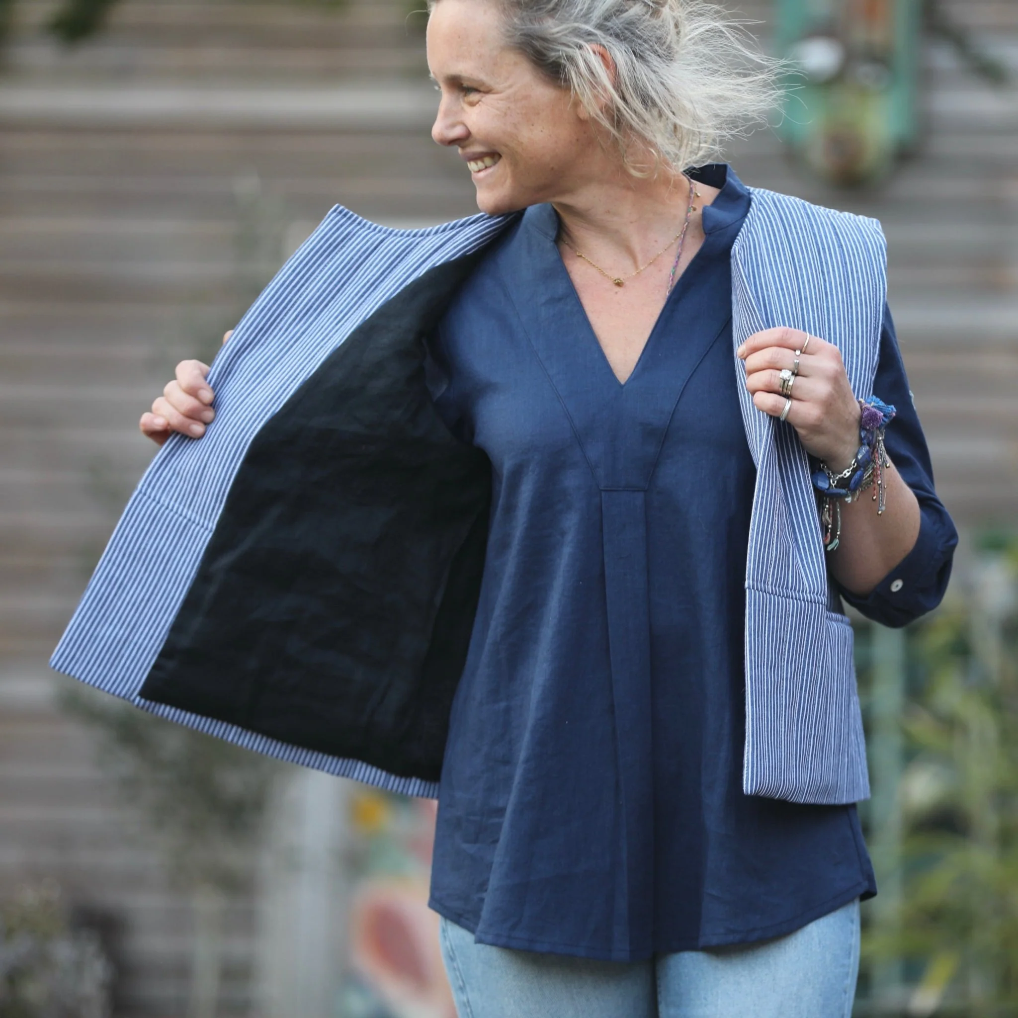 Gilet Basile coton matelassé rayée marine/blanc - Image 3