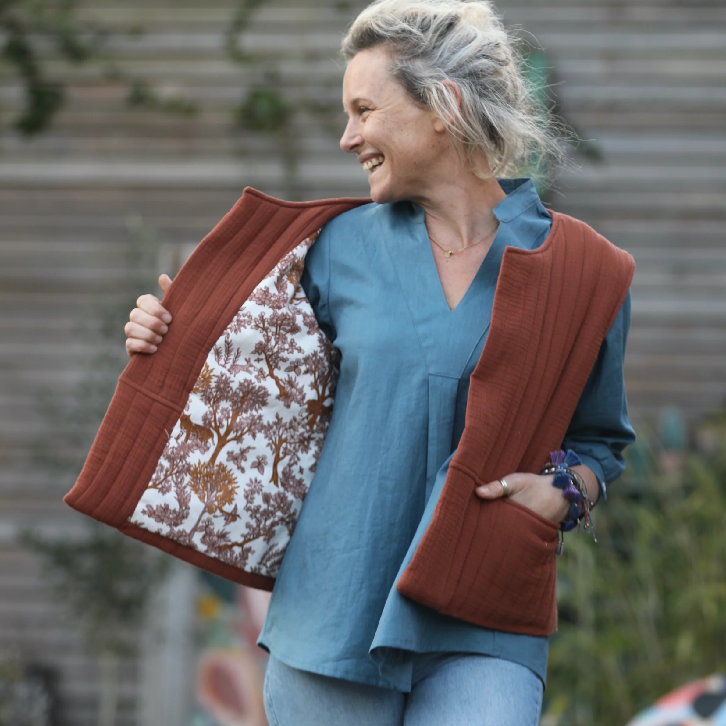 Gilet Basile en double gaze de coton écureuil matelassé/toile de jouy - Image 3