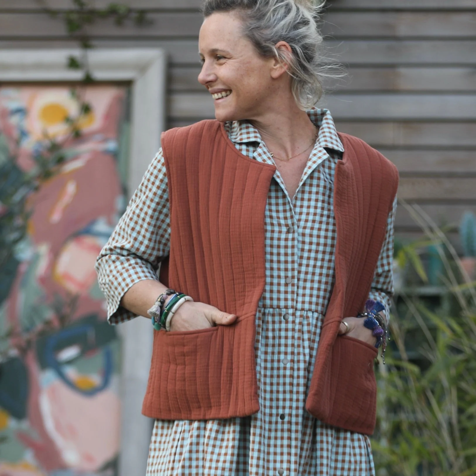 Gilet Basile en double gaze de coton écureuil matelassé/toile de jouy - Image 4