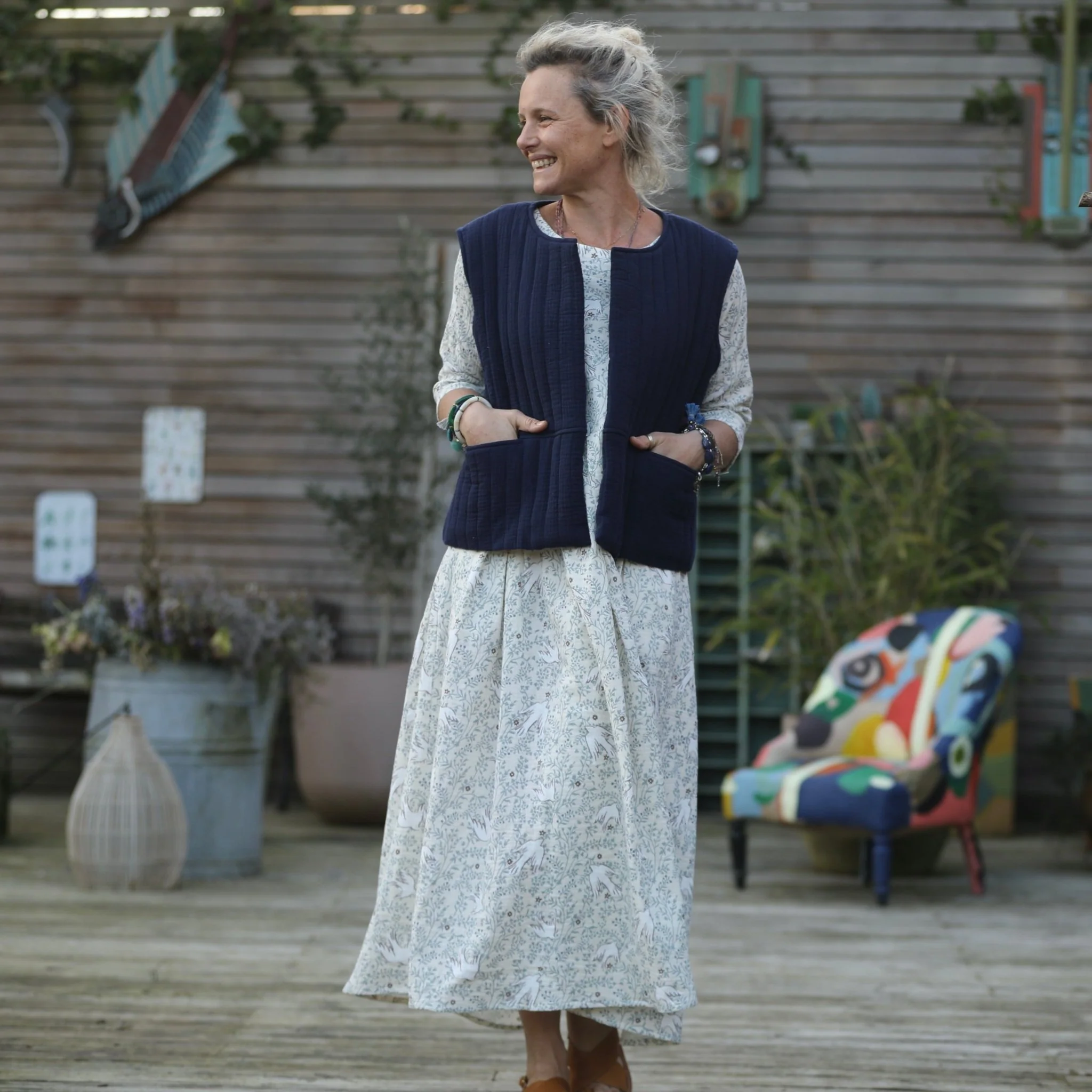 Gilet Basile matelassé en double gaze de coton bleu nuit - Image 4