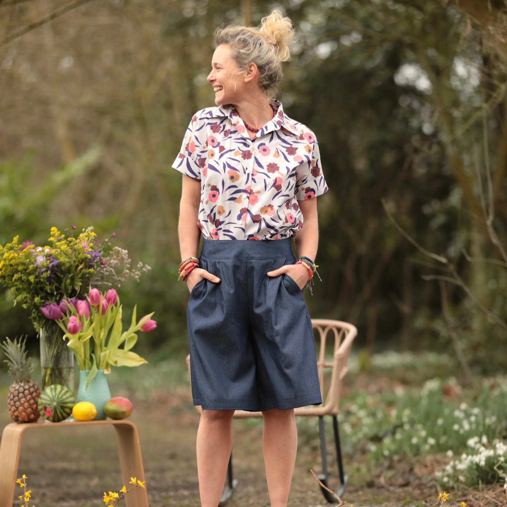 Chemise Honorine - Coton Fleuri écru corail/bleu nuit - Image 4
