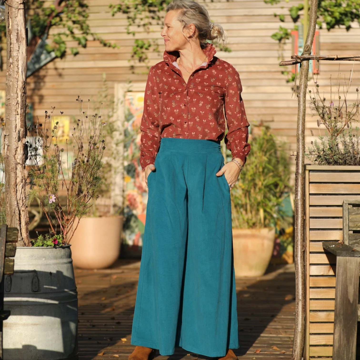 Jupe culotte Arielle en velours milleraies canard