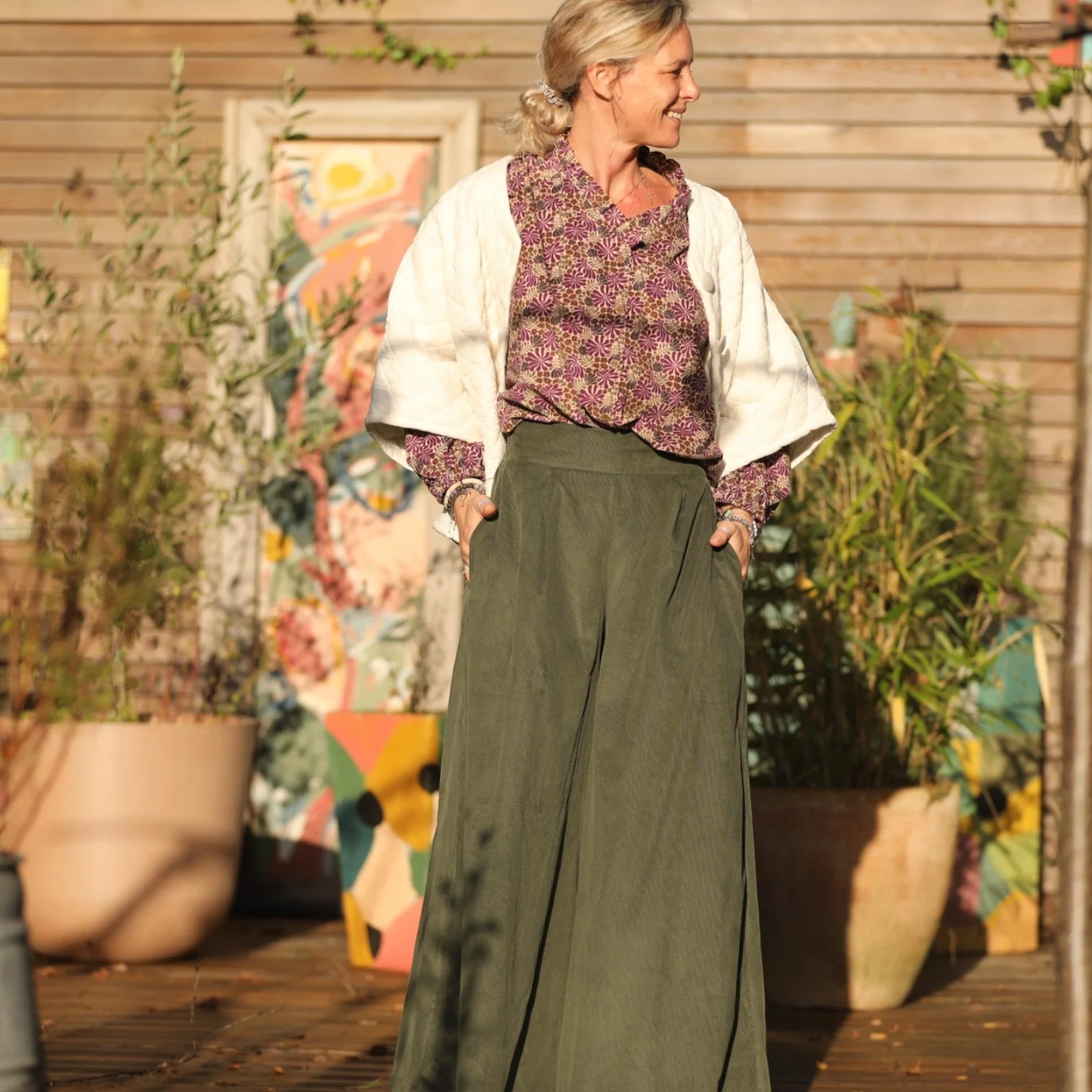 Jupe culotte Arielle en velours milleraies kaki - Image 4