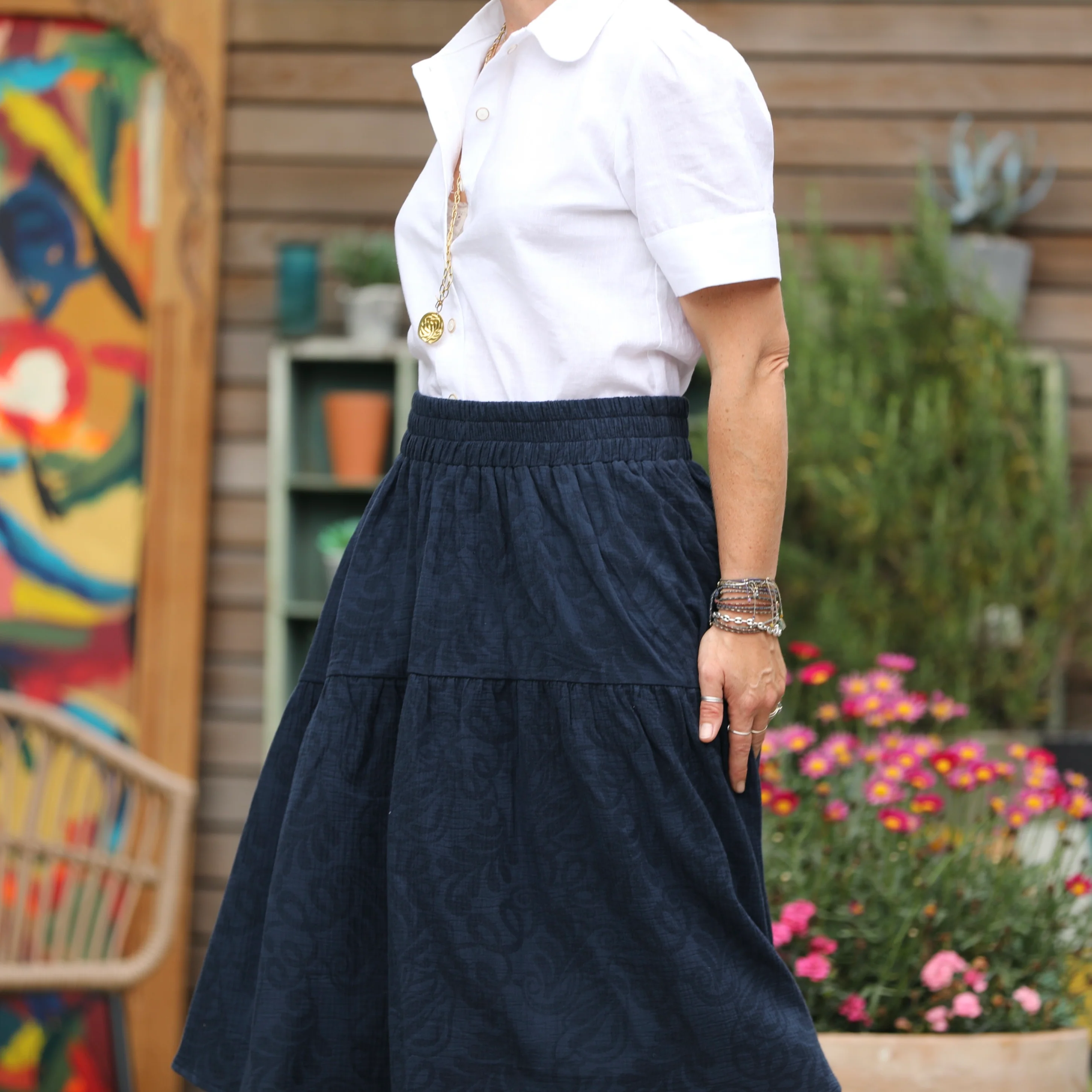 Jupe Esther - coton/lin jacquard bleu marine - Image 2