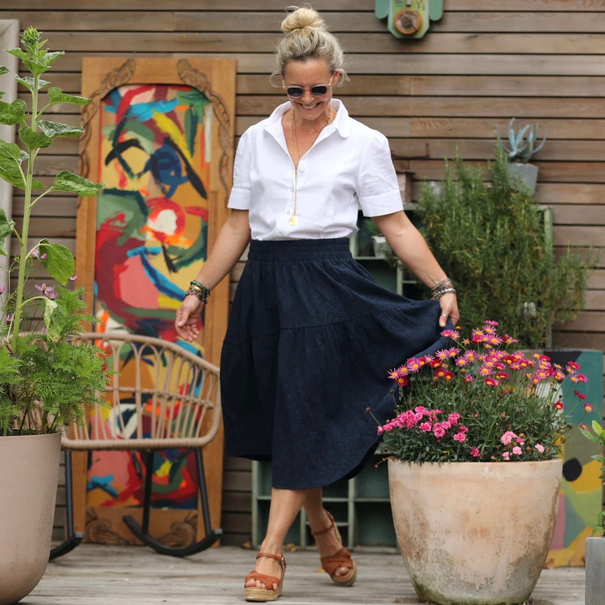Jupe Esther - coton/lin jacquard bleu marine - Image 3
