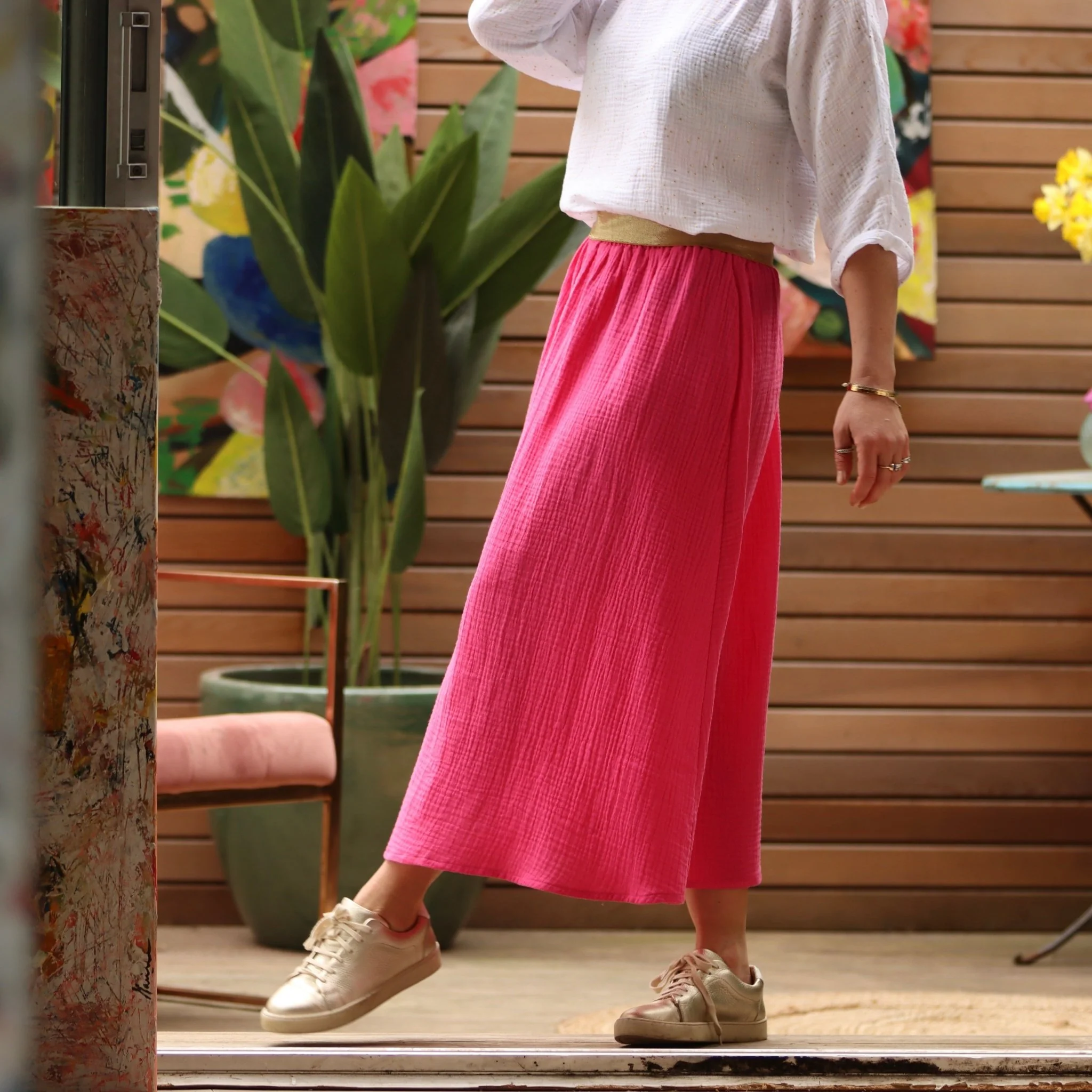 Jupe longue rose fushia gaze de coton Gaïa - Quintessence - Image 17