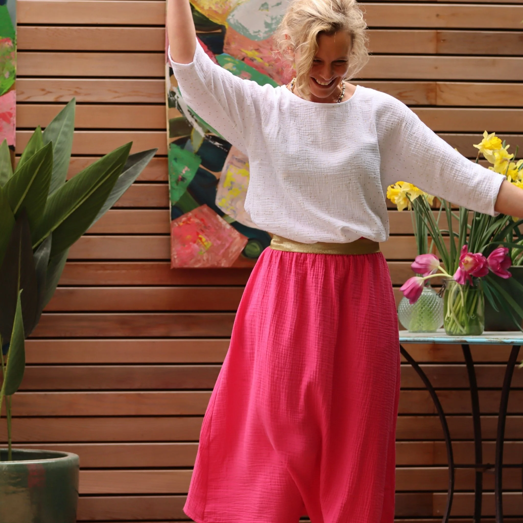 Jupe longue rose fushia gaze de coton Gaïa - Quintessence - Image 18