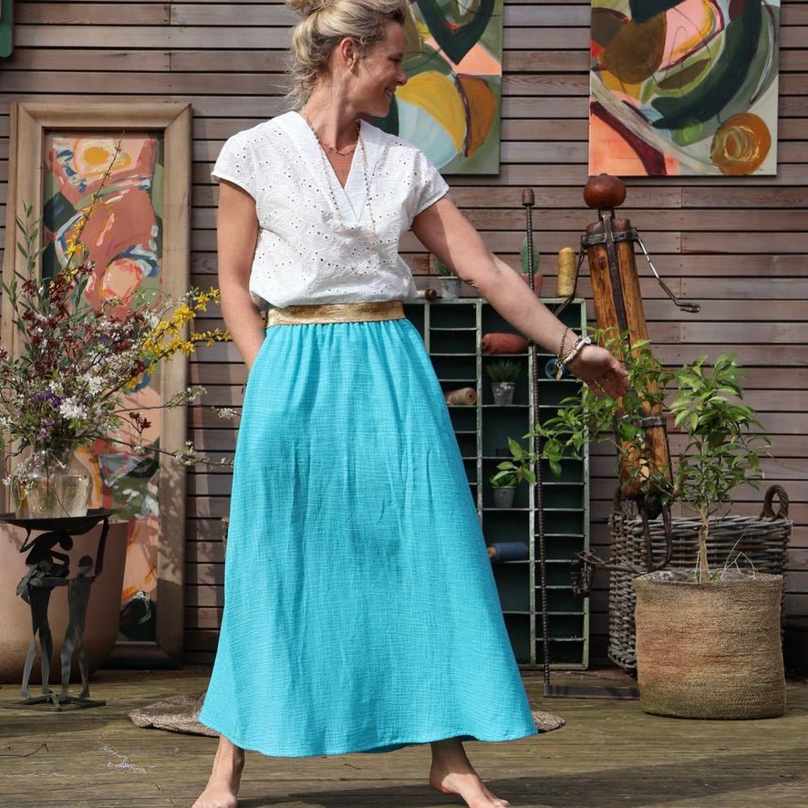 Jupe Rachelle double gaze de coton tie & dye turquoise - 90cm de hauteur - Image 3