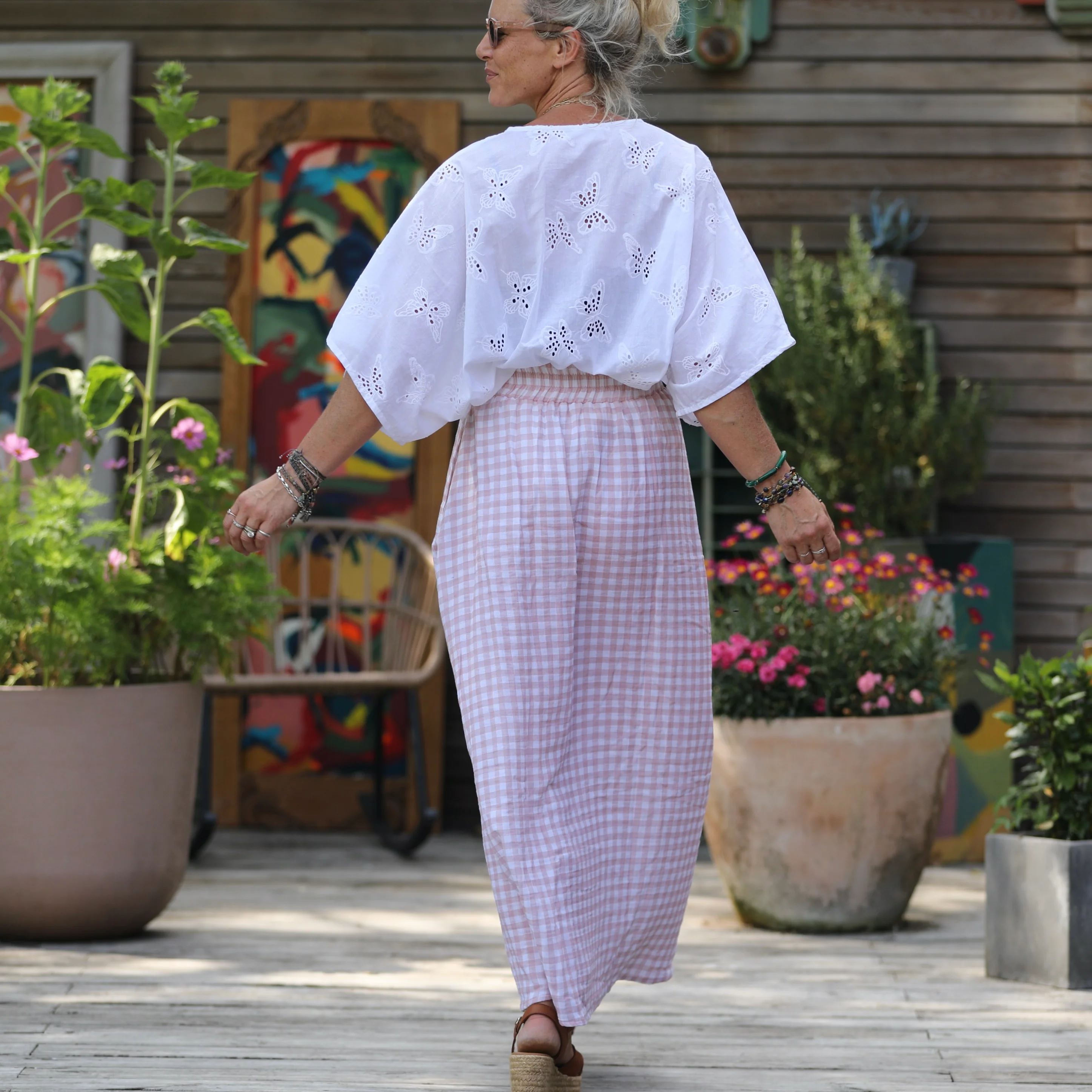 Jupe Tao double gaze de coton vichy rose poudré - 102cm de hauteur - Image 3