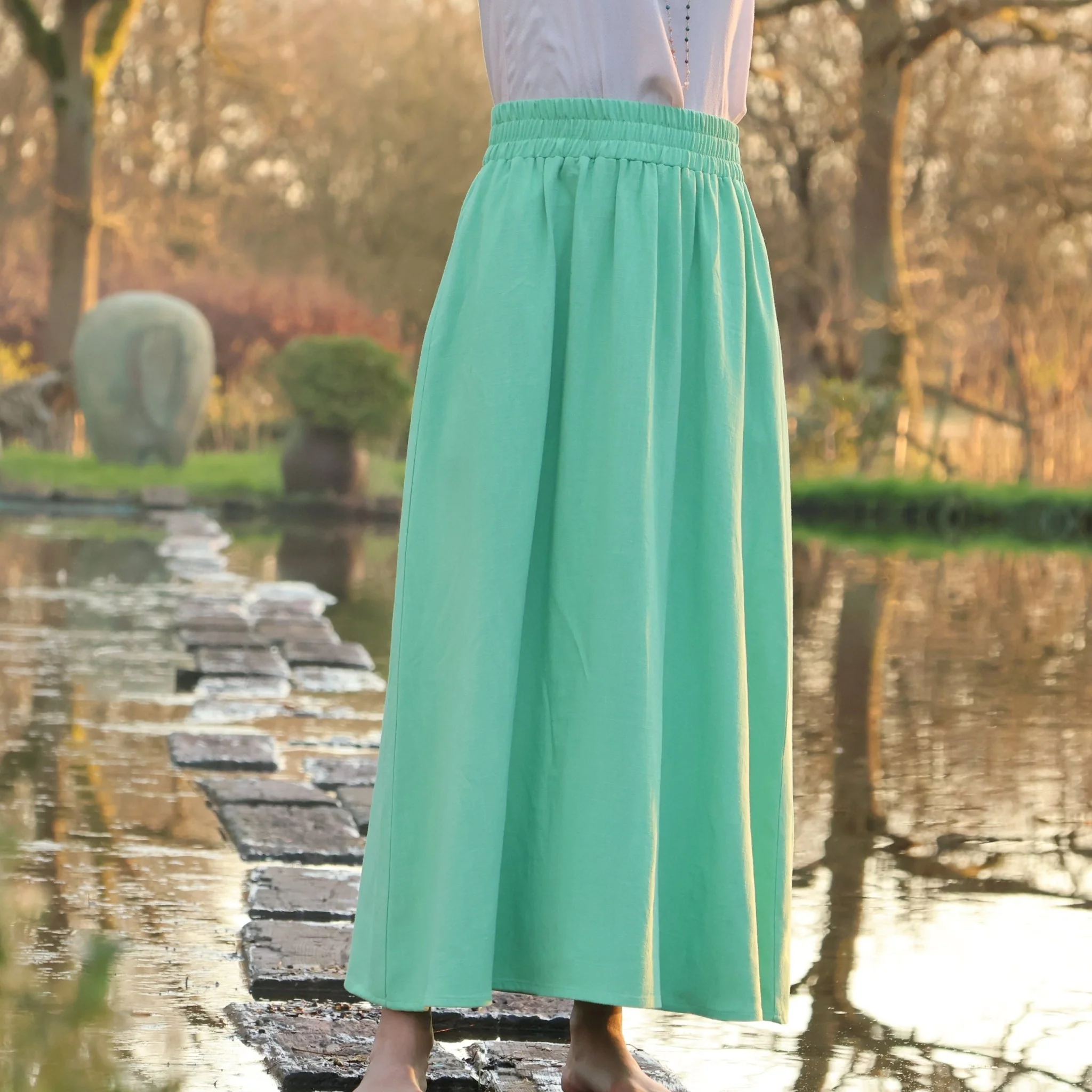 Jupe Tao viscose/ lin vert frais - 92cm de hauteur