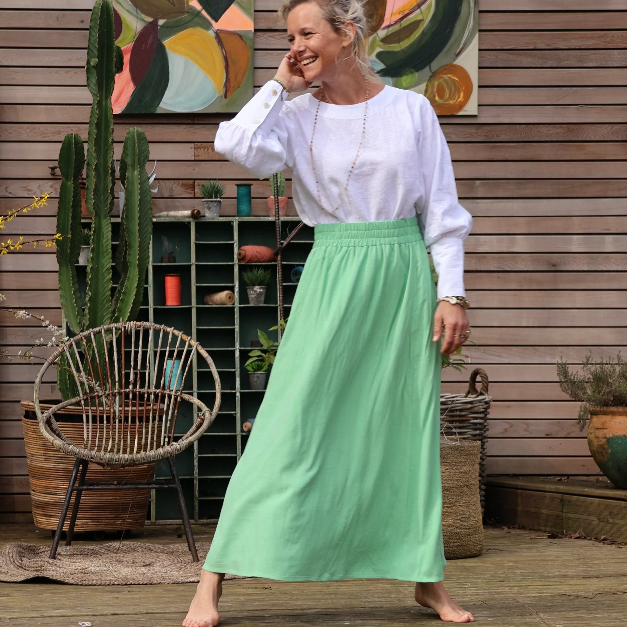 Jupe Tao viscose/ lin vert frais - 92cm de hauteur - Image 3
