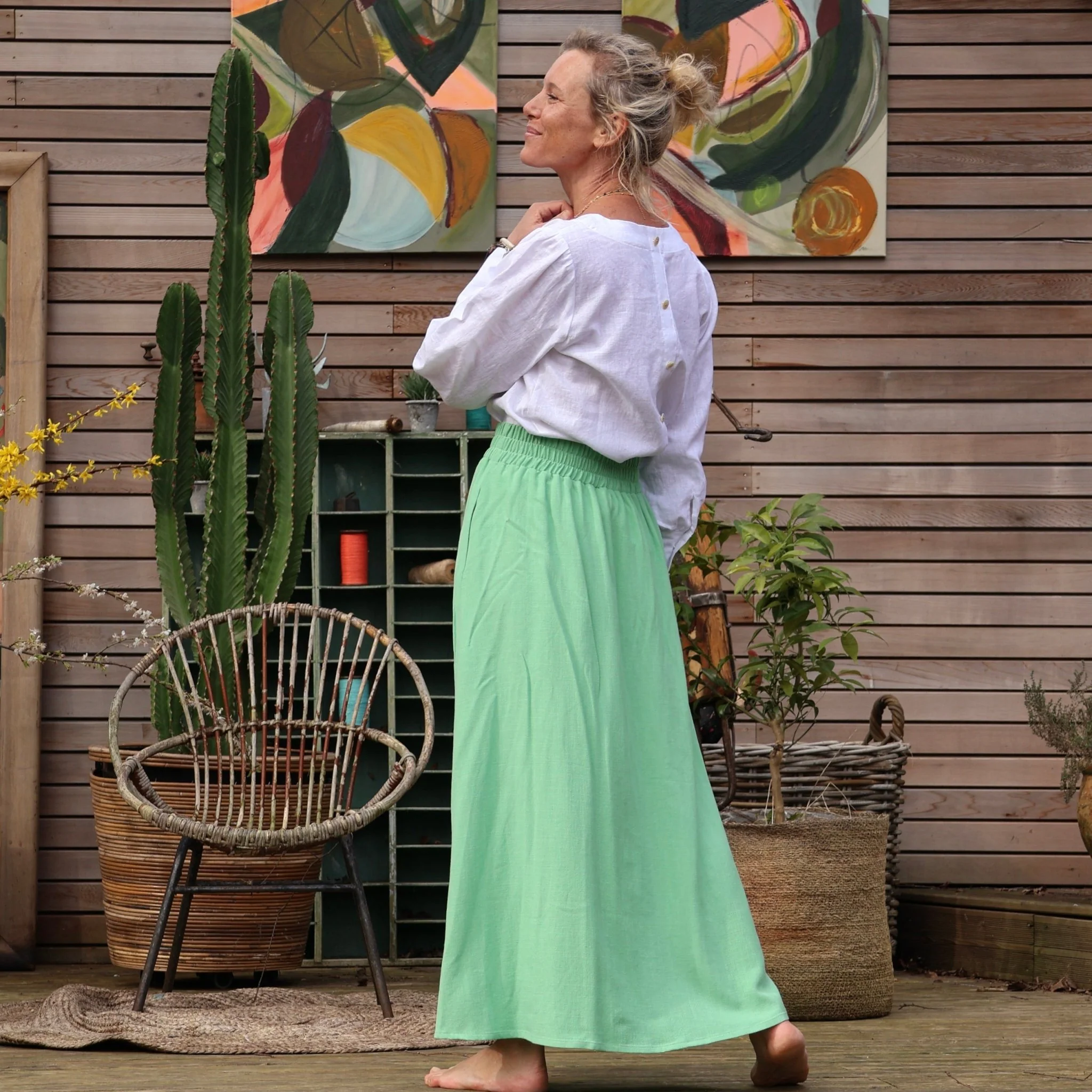 Jupe Tao viscose/ lin vert frais - 92cm de hauteur - Image 4