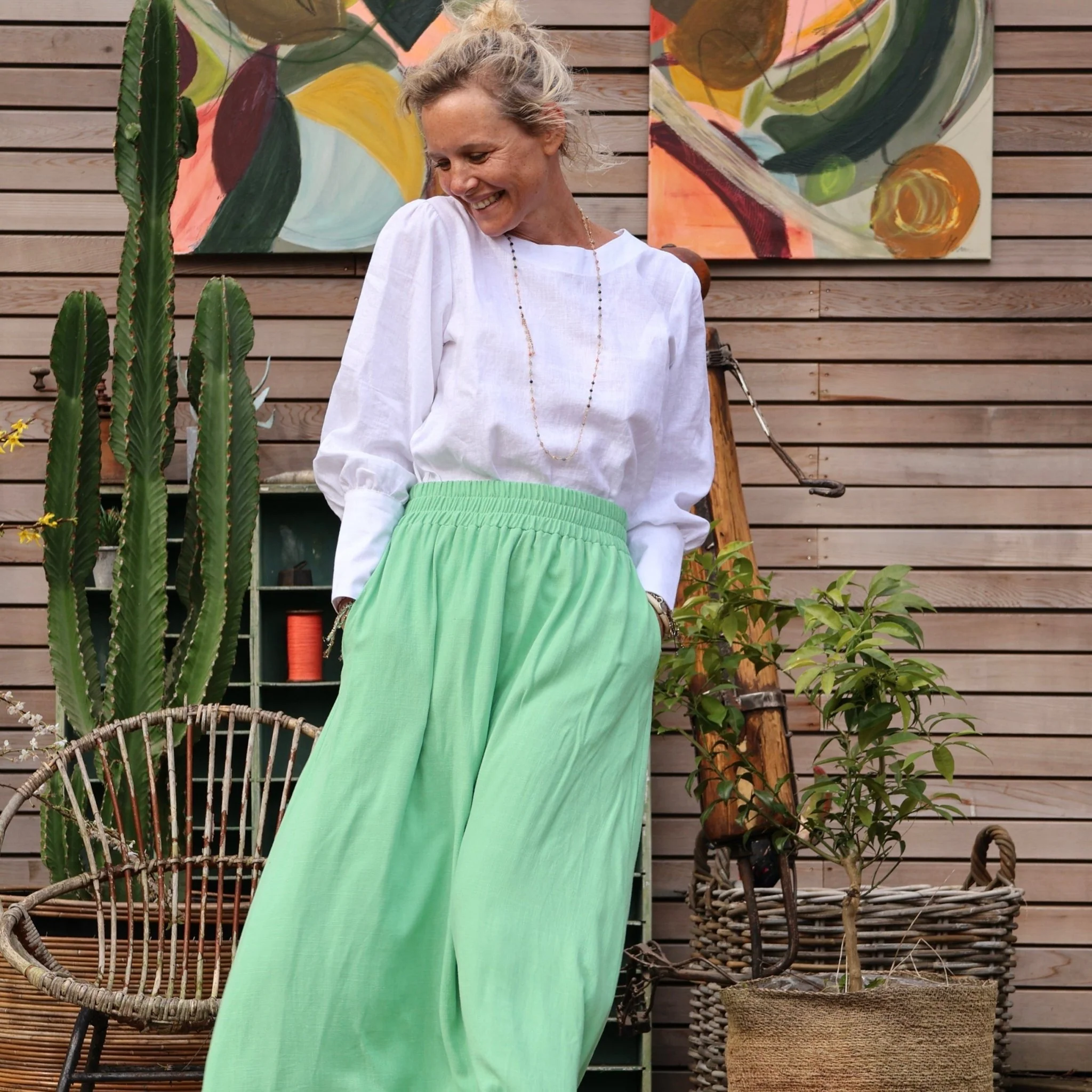 Jupe Tao viscose/ lin vert frais - 92cm de hauteur - Image 8