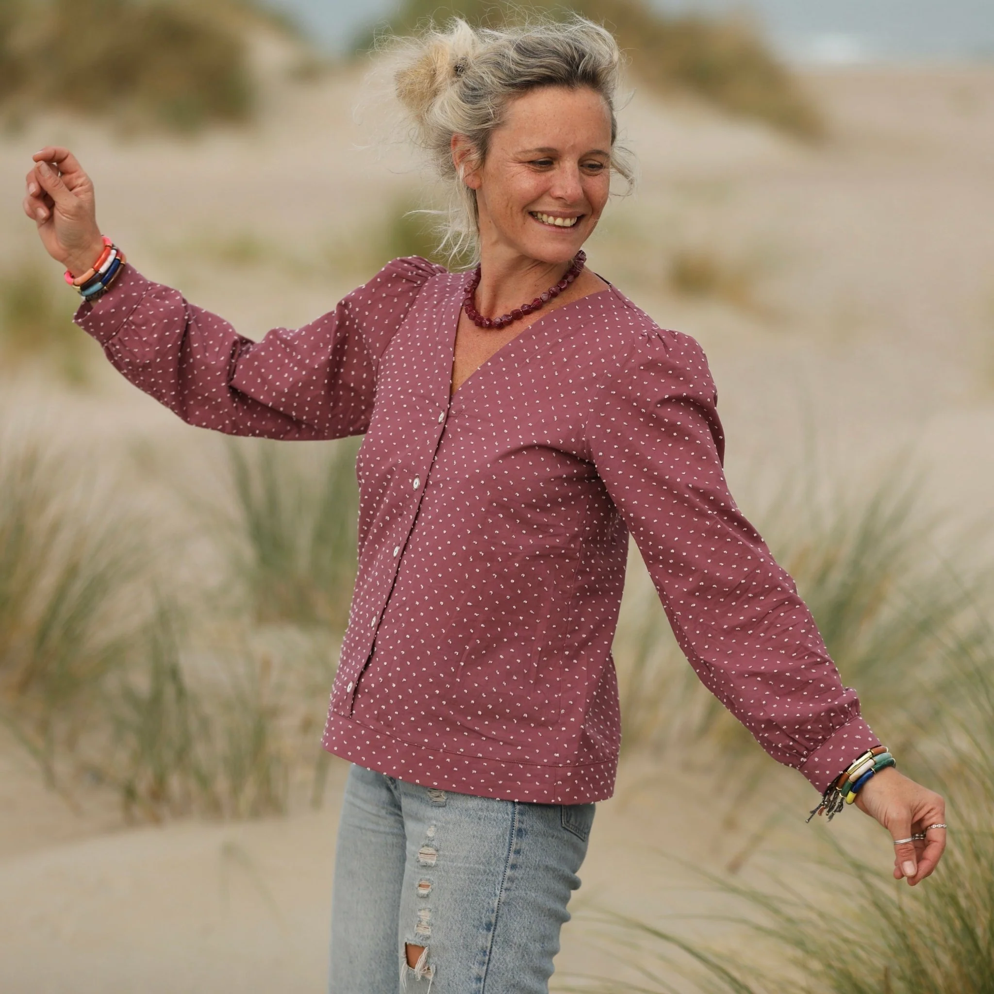 Blouse Léocadie - voile de coton figue plumetis rose - Image 7
