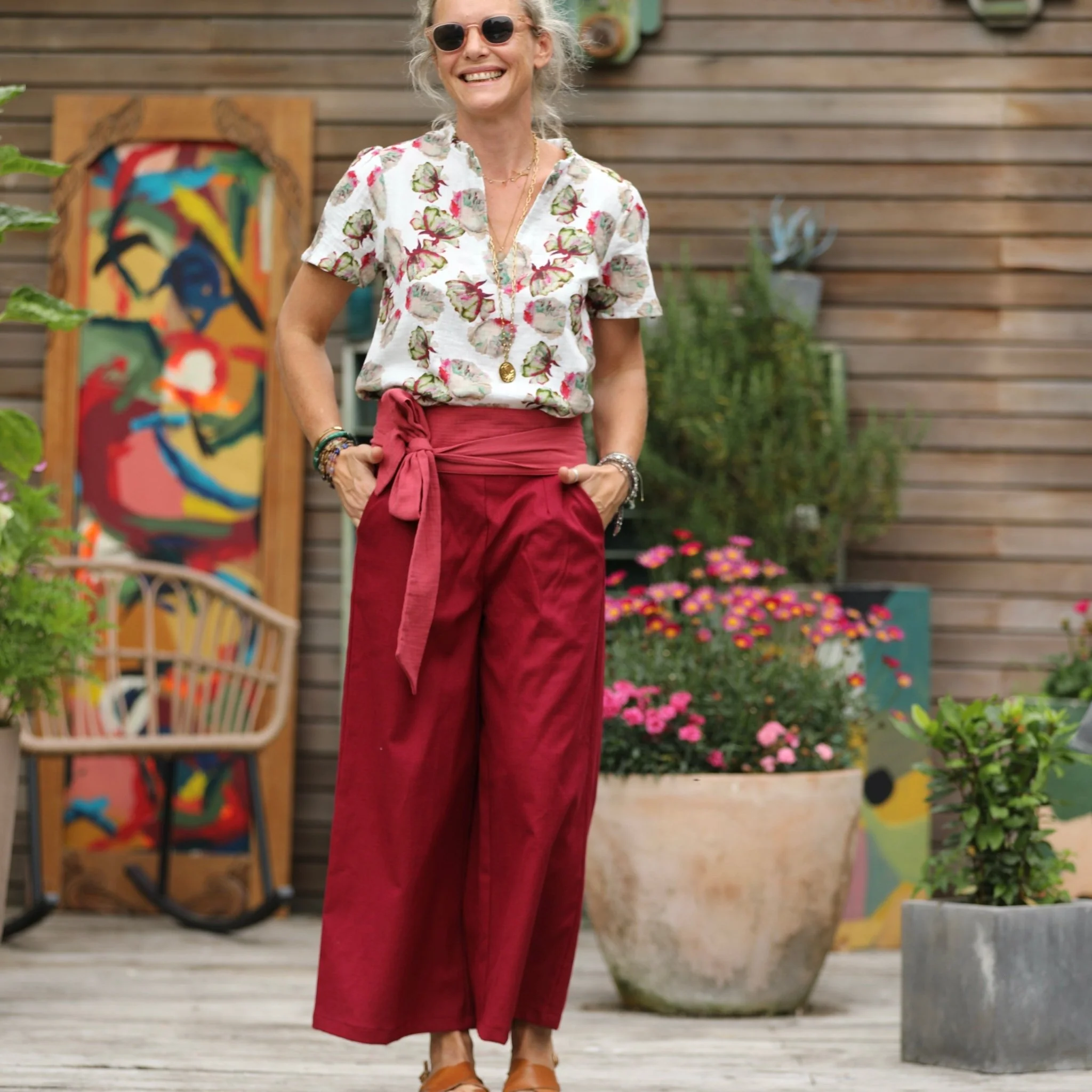 Pantalon Alex - Toile coton/lin grenat