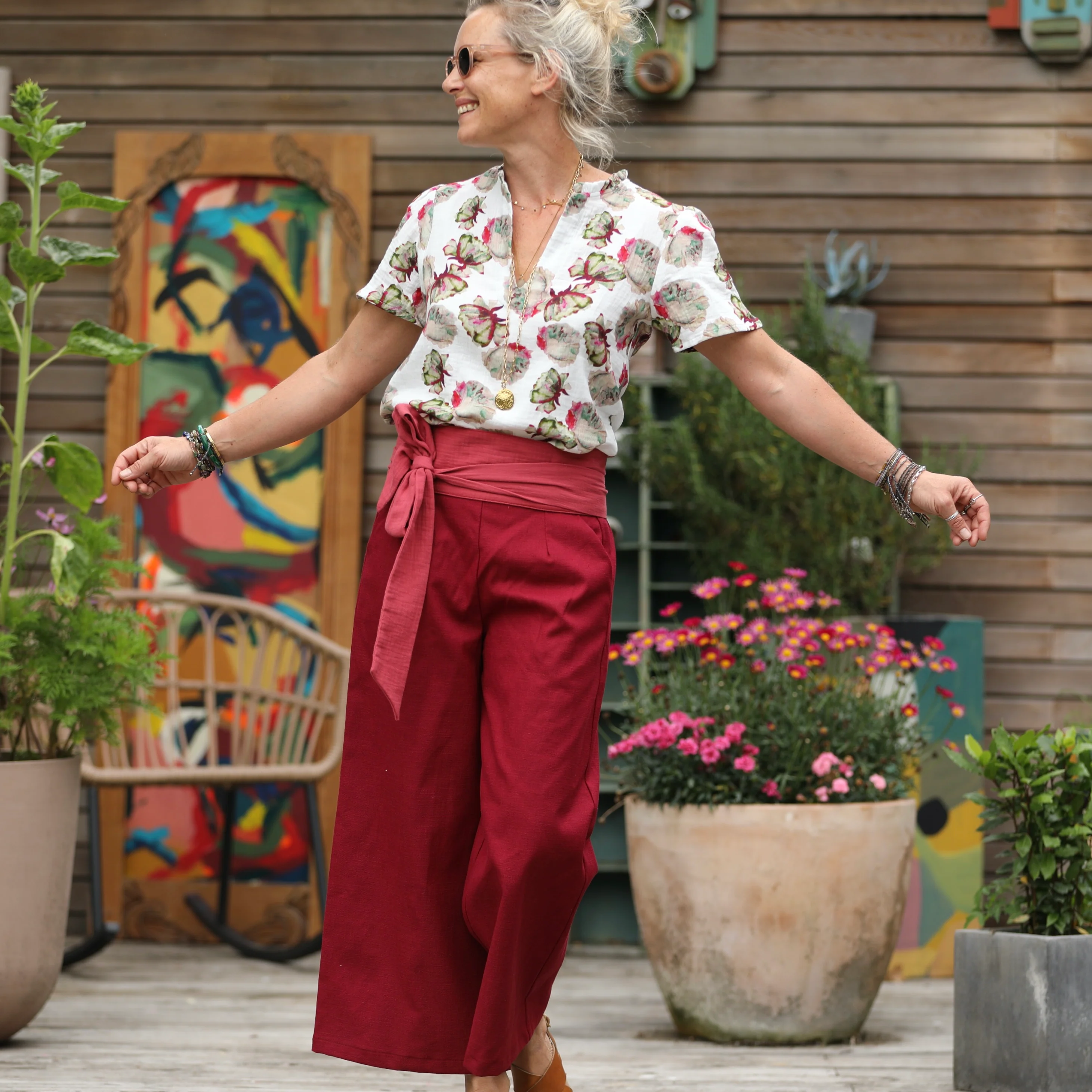 Pantalon Alex - Toile coton/lin grenat - Image 3