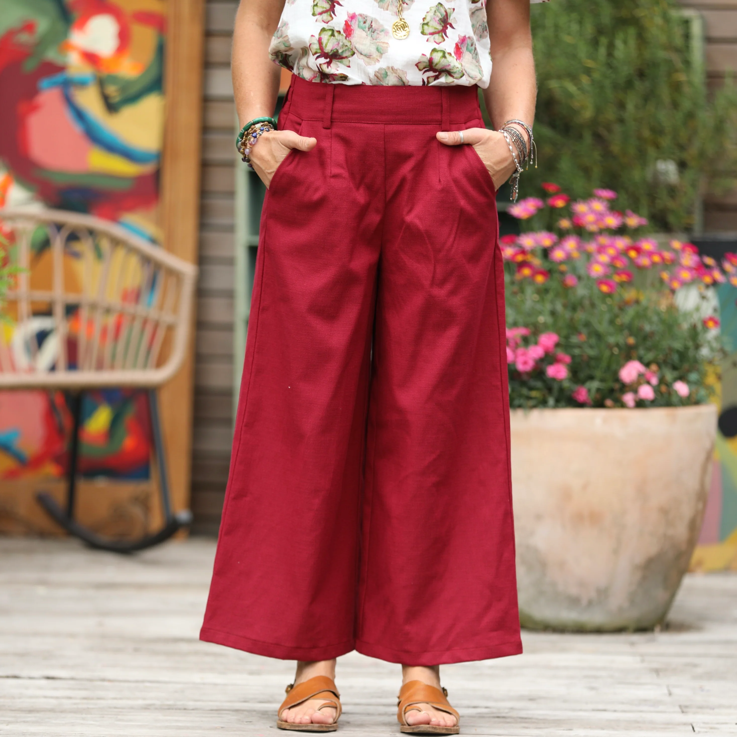 Pantalon Alex - Toile coton/lin grenat - Image 4