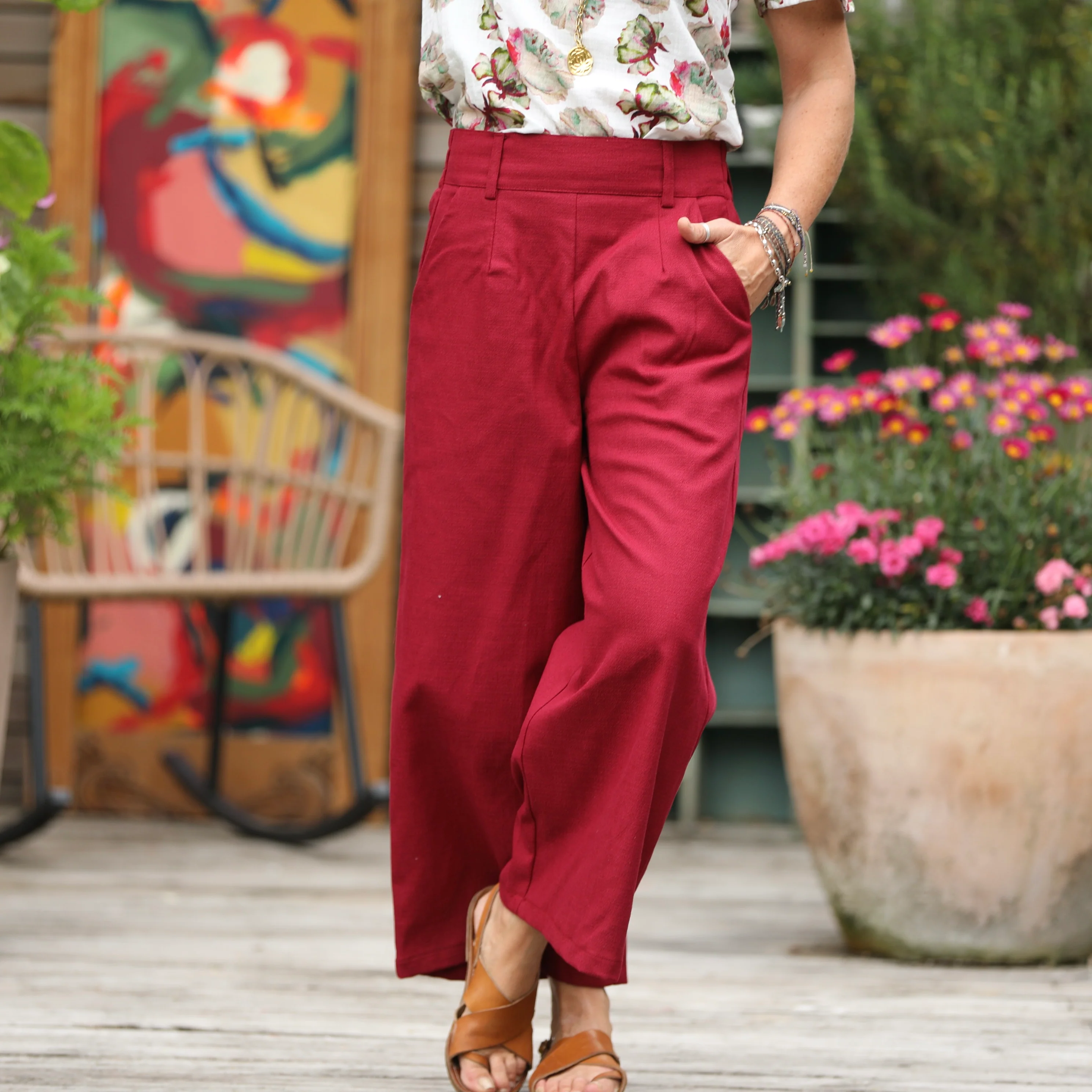 Pantalon Alex - Toile coton/lin grenat - Image 5