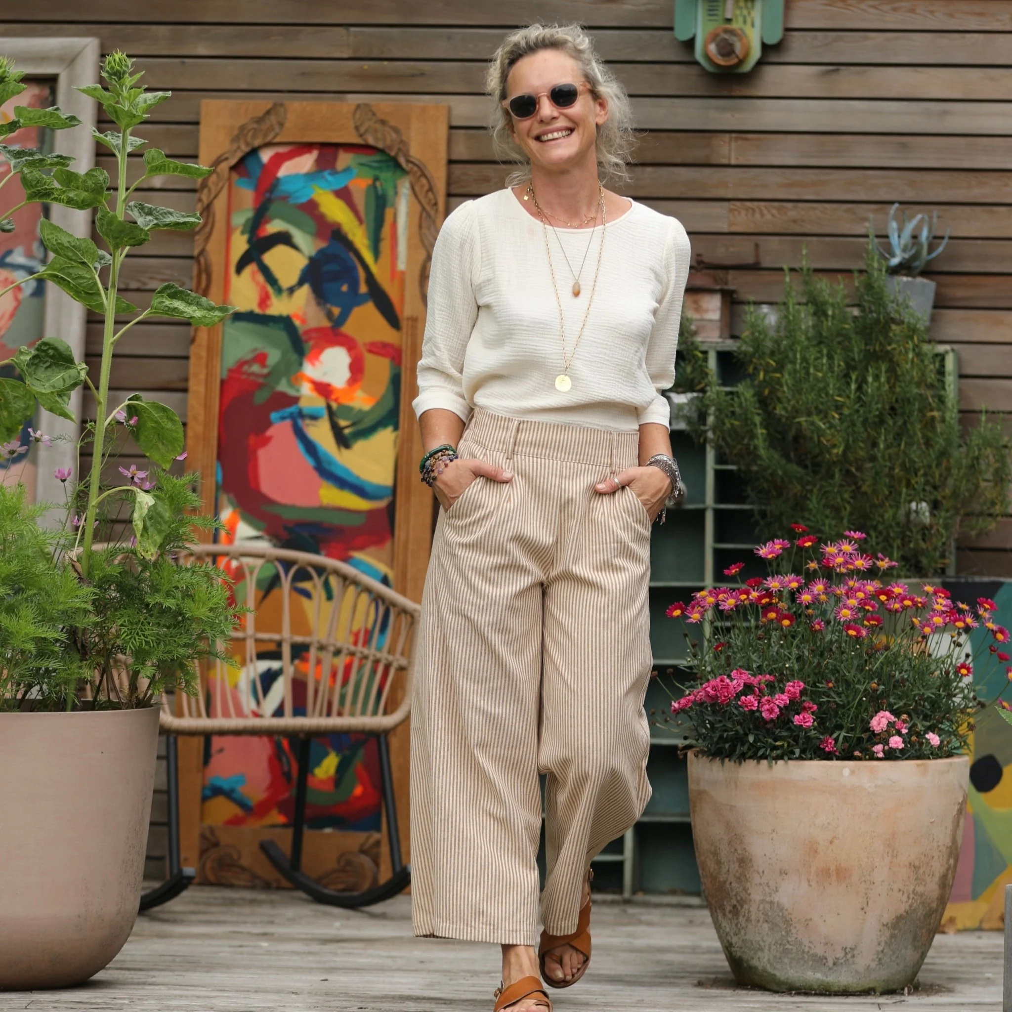 Pantalon Alex - Toile de coton rayée camel/blanc - Image 3