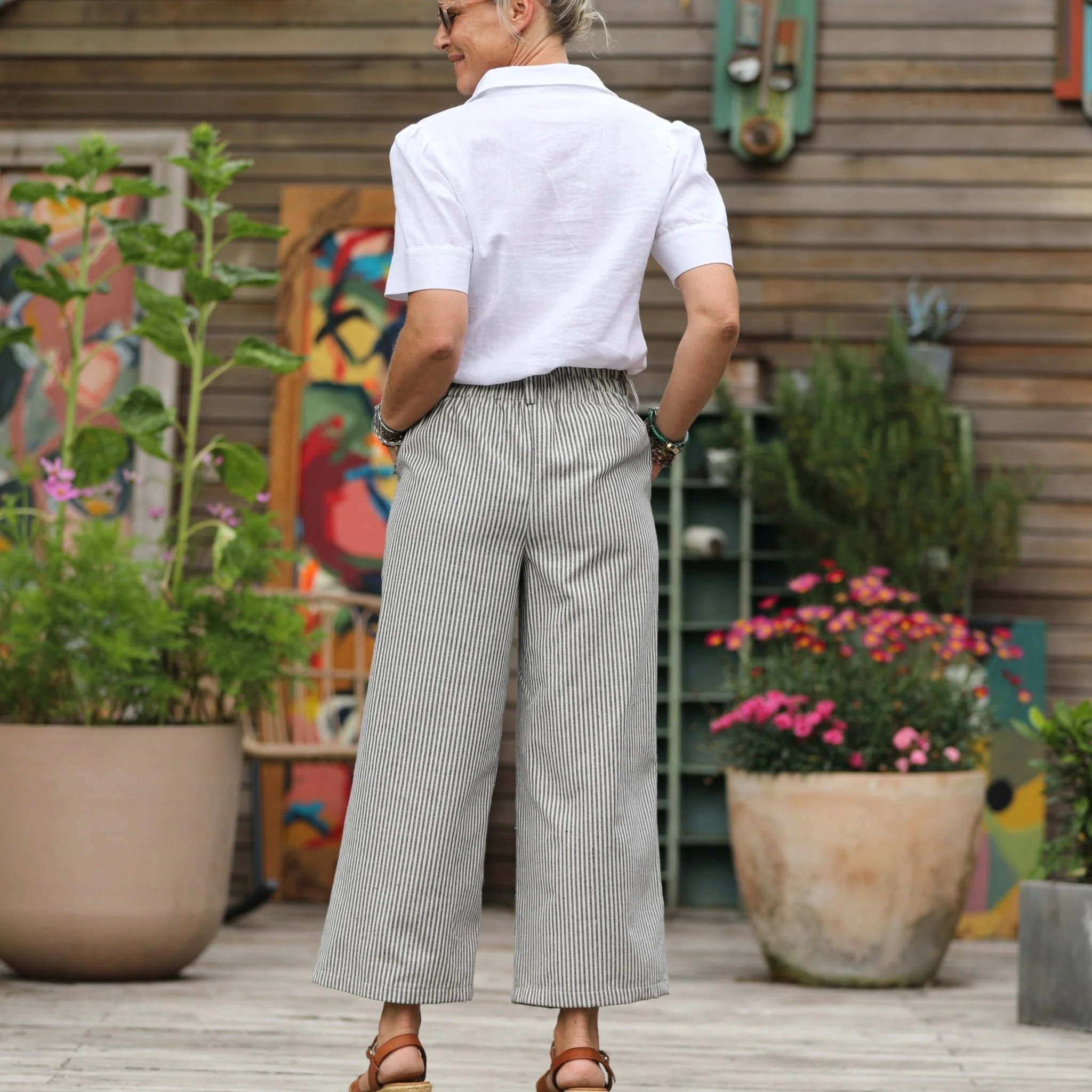 Pantalon Alex - Toile de coton rayée marine/blanc - Image 2