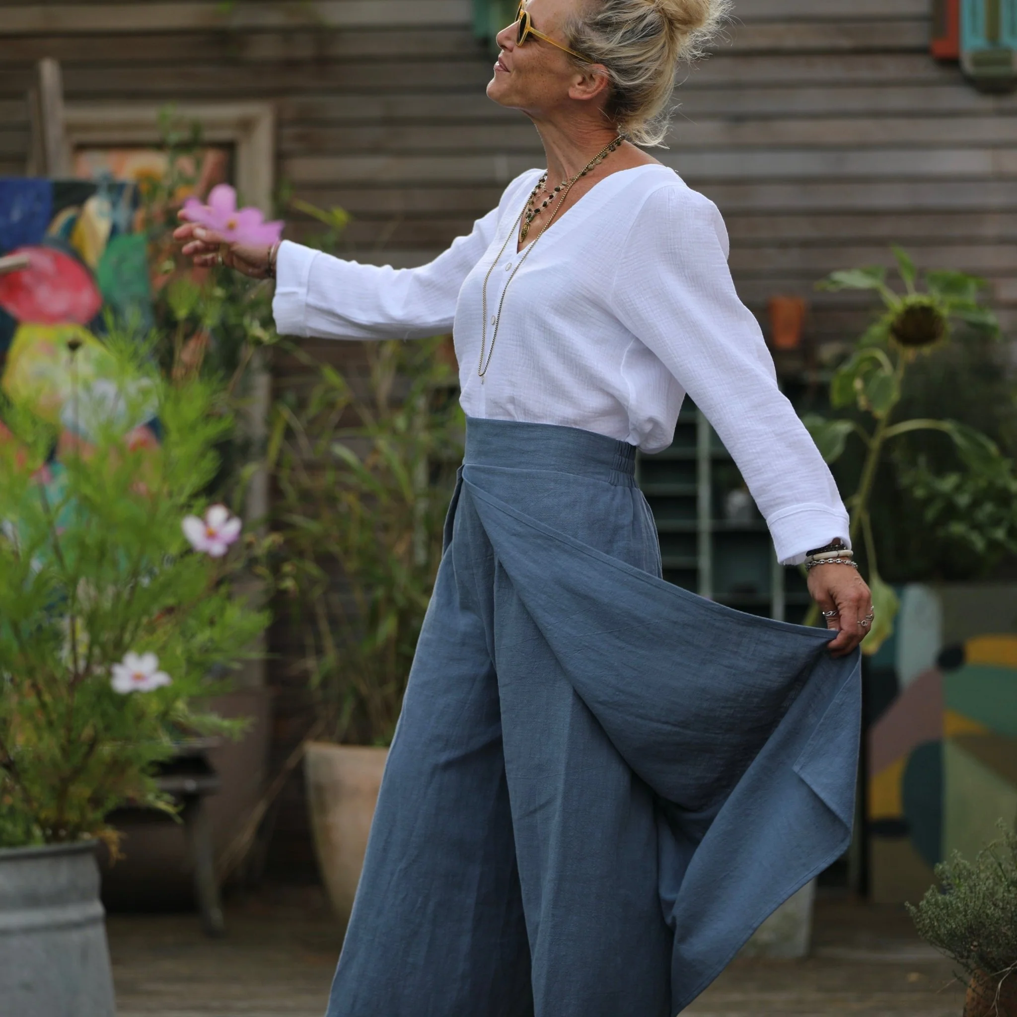 Pantalon drapé Mathilde - lin stone wash bleu océan - Image 3
