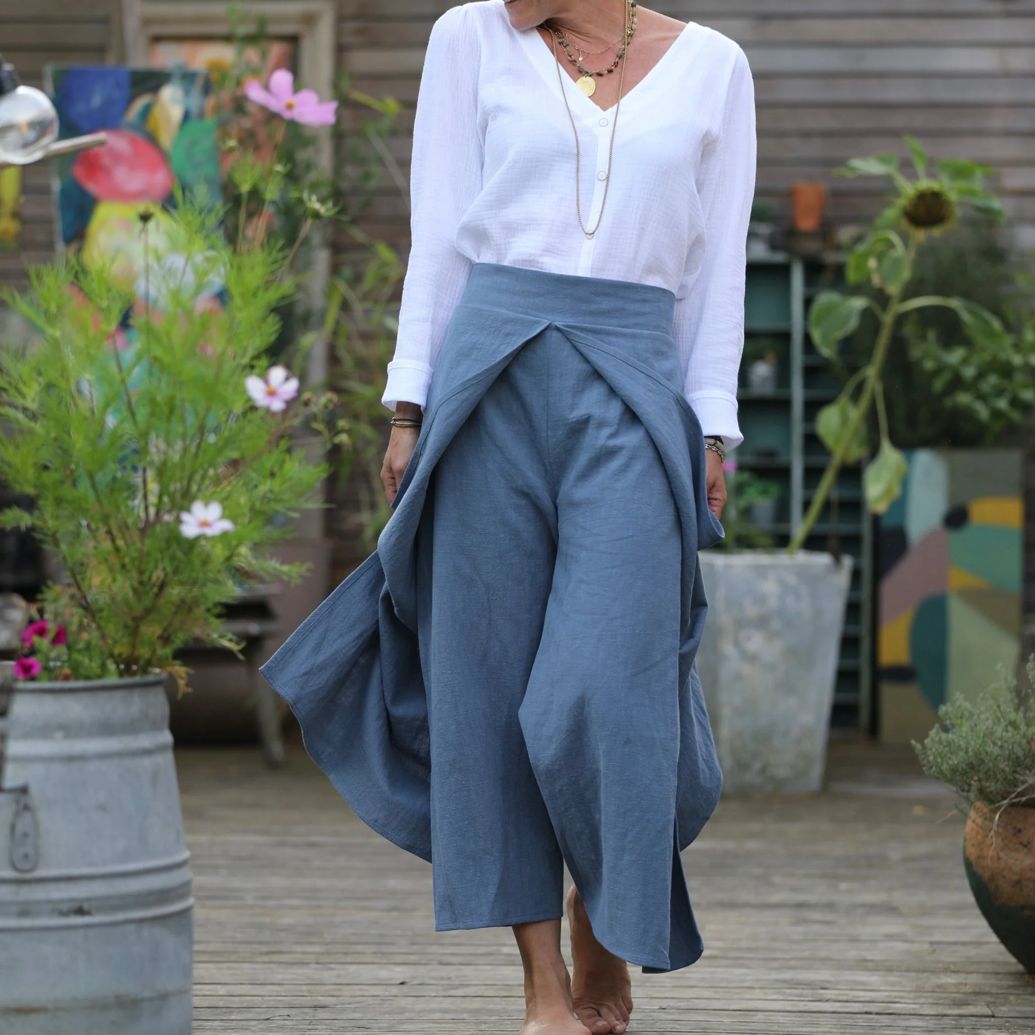 Pantalon drapé Mathilde - lin stone wash bleu océan - Image 5
