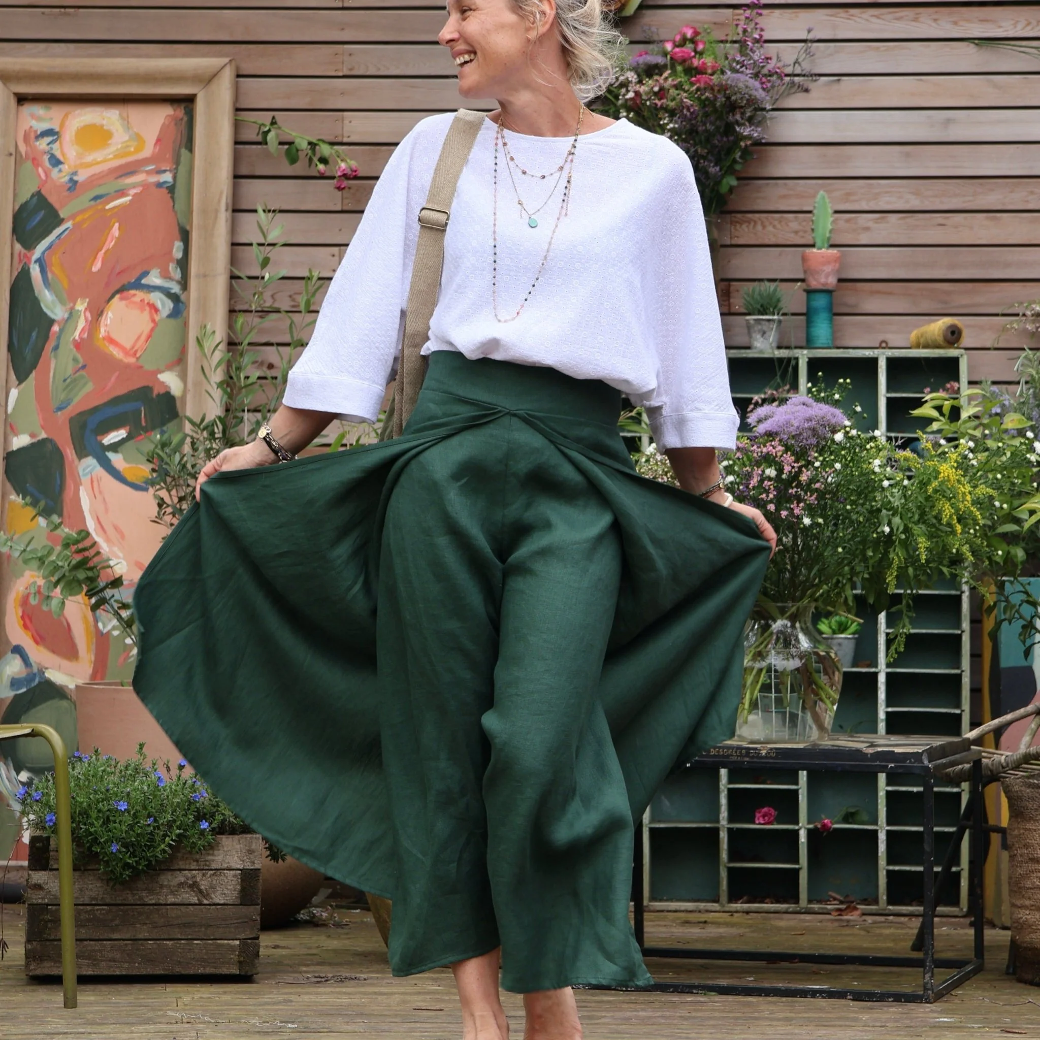Pantalon drapé Mathilde - lin vert anglais