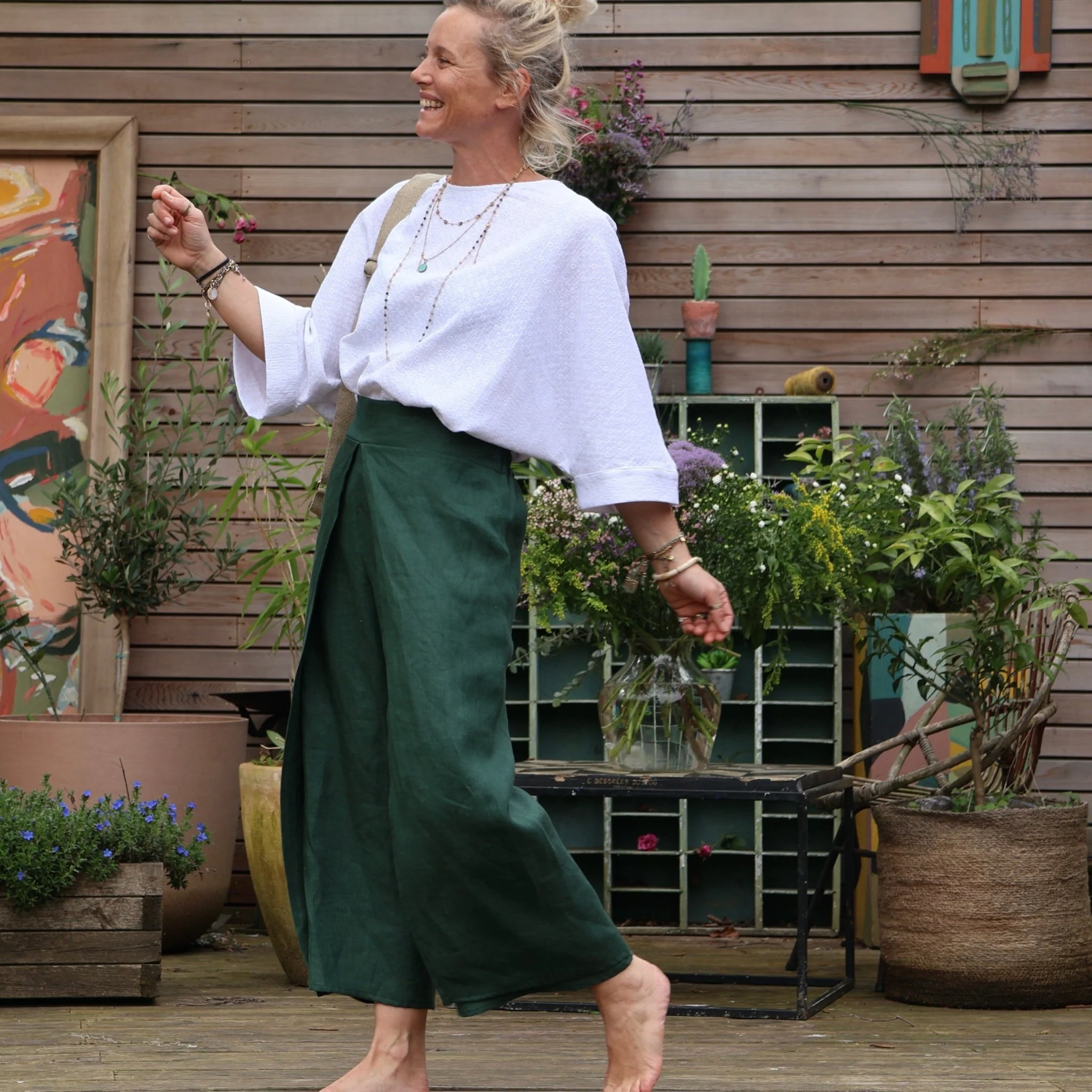 Pantalon drapé Mathilde - lin vert anglais - Image 3
