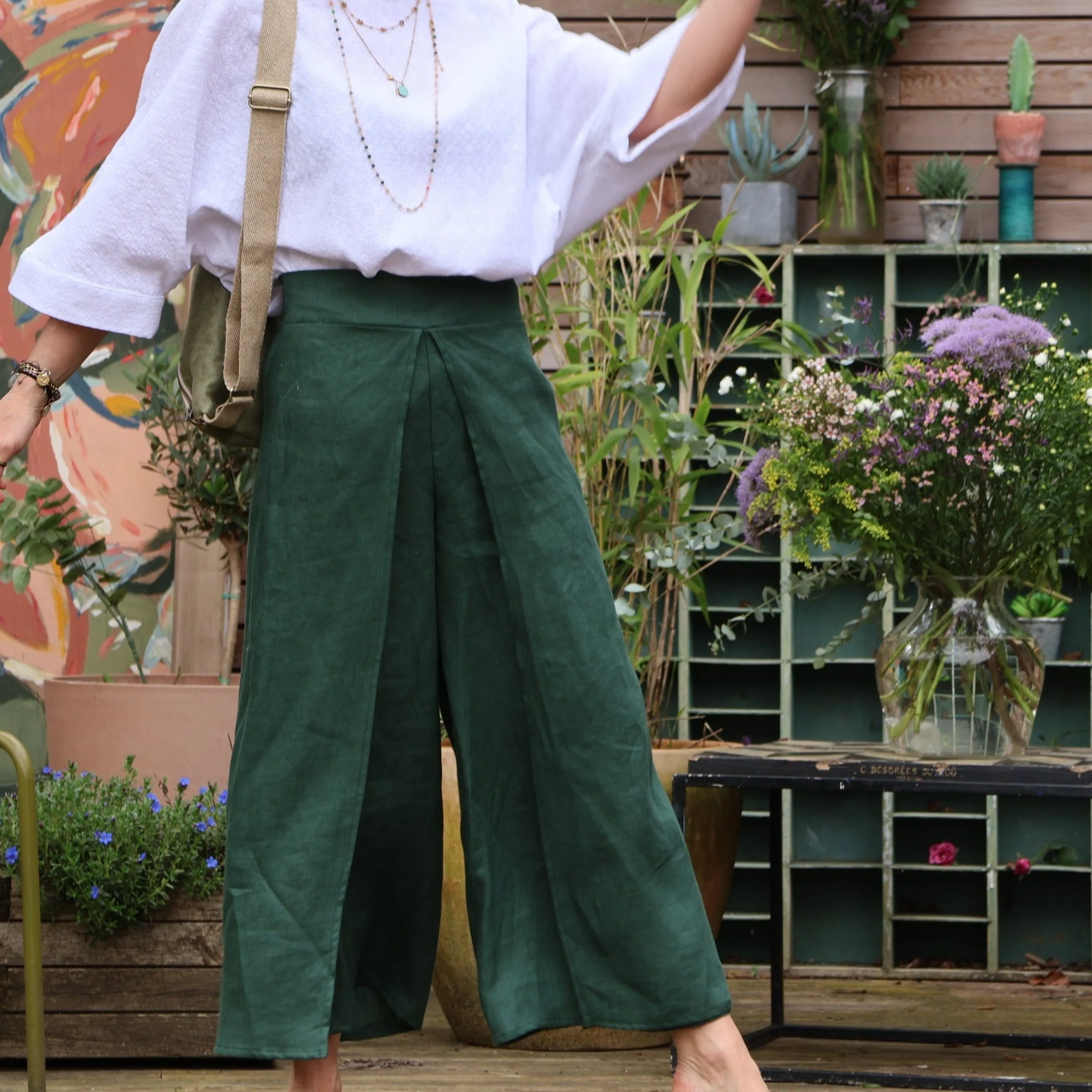 Pantalon drapé Mathilde - lin vert anglais - Image 5