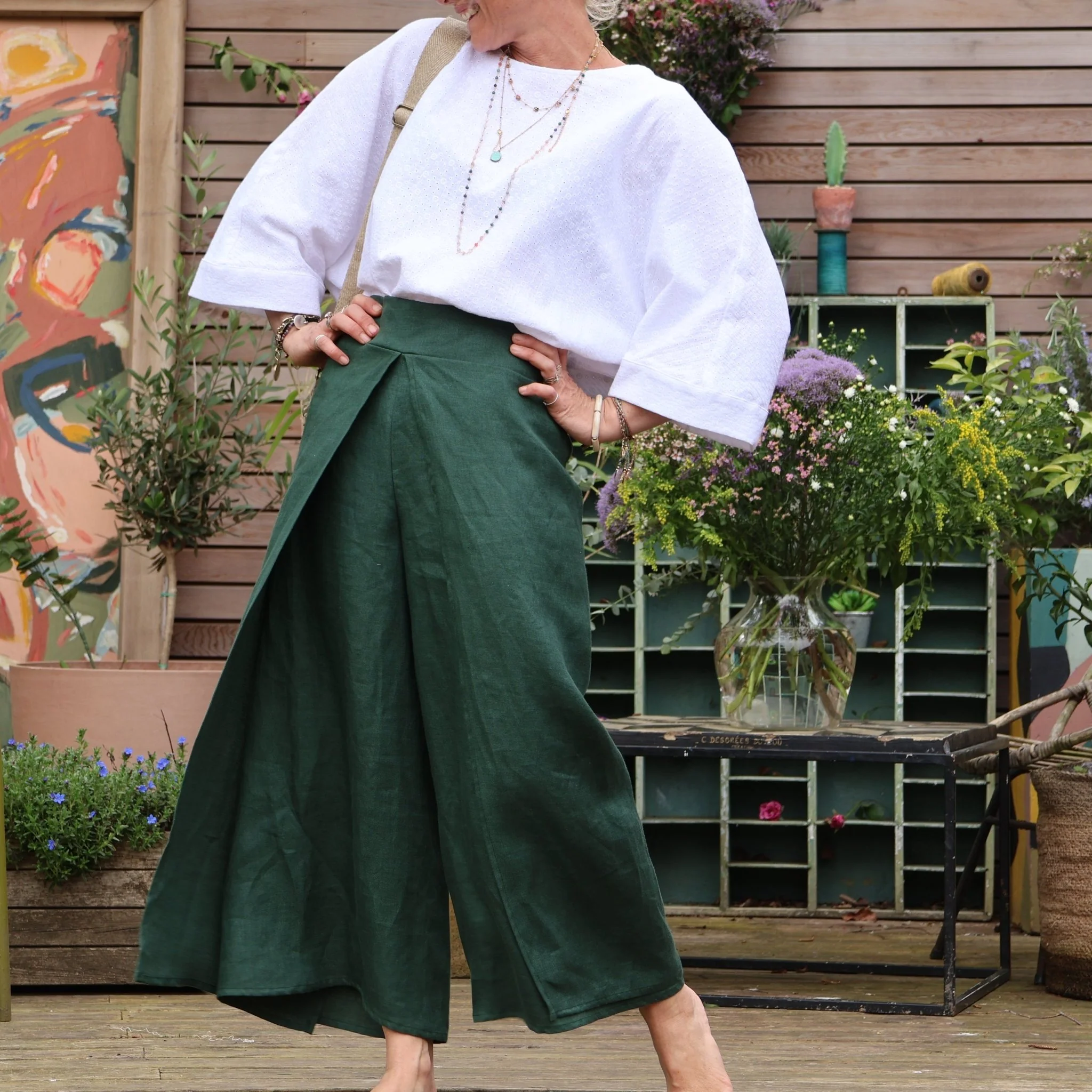 Pantalon drapé Mathilde - lin vert anglais - Image 6