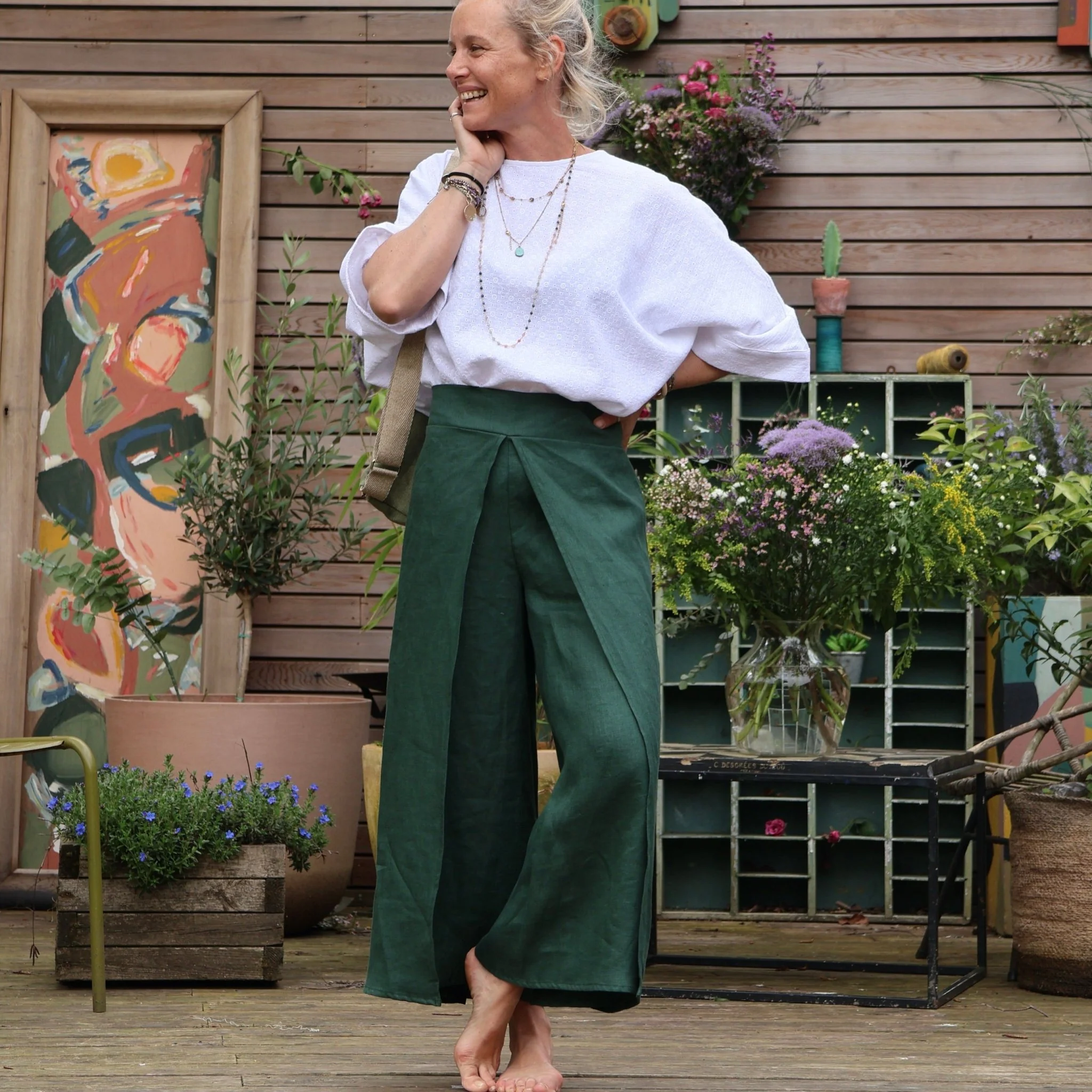 Pantalon drapé Mathilde - lin vert anglais - Image 7