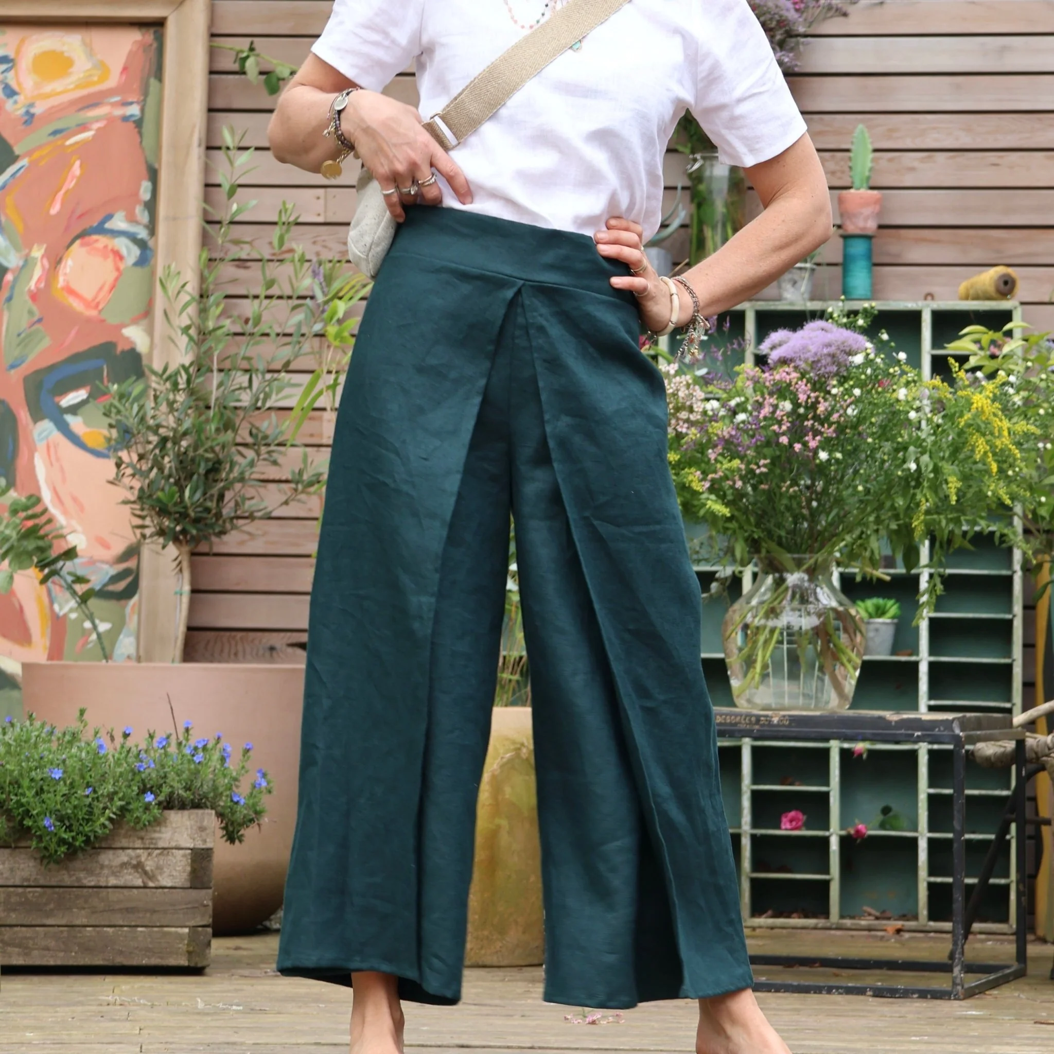 Pantalon drapé Mathilde - lin vert émeraude - Image 3