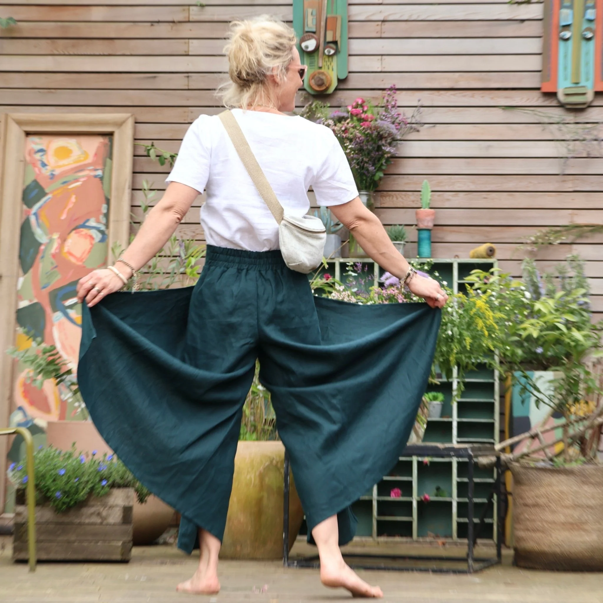 Pantalon drapé Mathilde - lin vert émeraude - Image 4