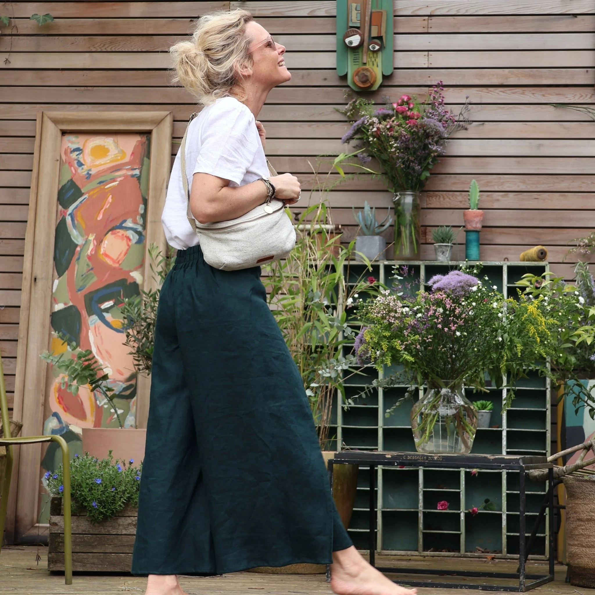 Pantalon drapé Mathilde - lin vert émeraude - Image 7