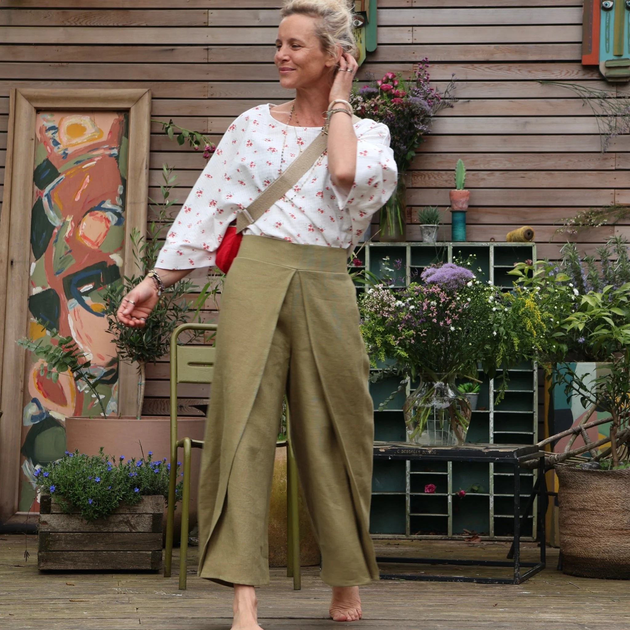 Pantalon drapé Mathilde - lin vert lichen - Image 7