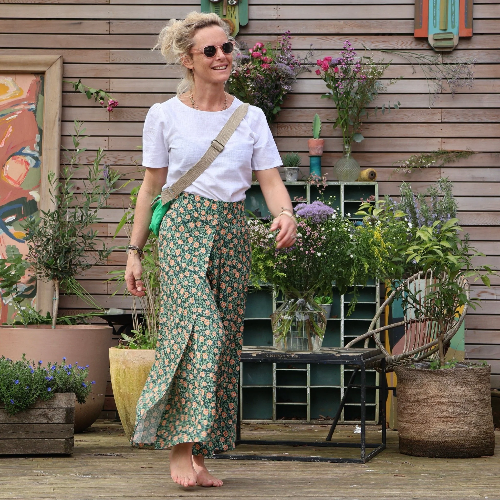 Pantalon drapé Mathilde - viscose fleuri vert orangé - Image 6