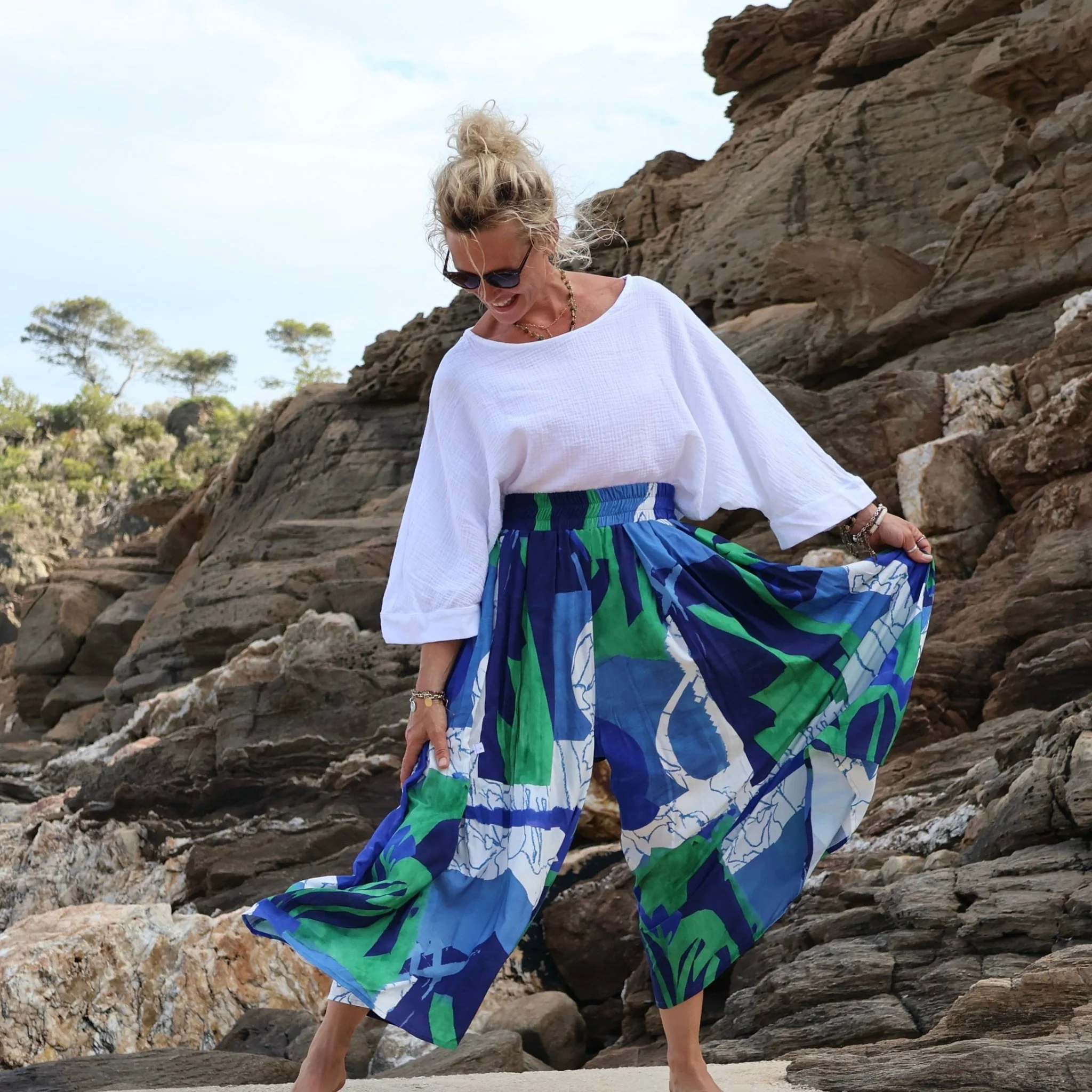Pantalon Paco - viscose aquarelle-craie bleu/vert