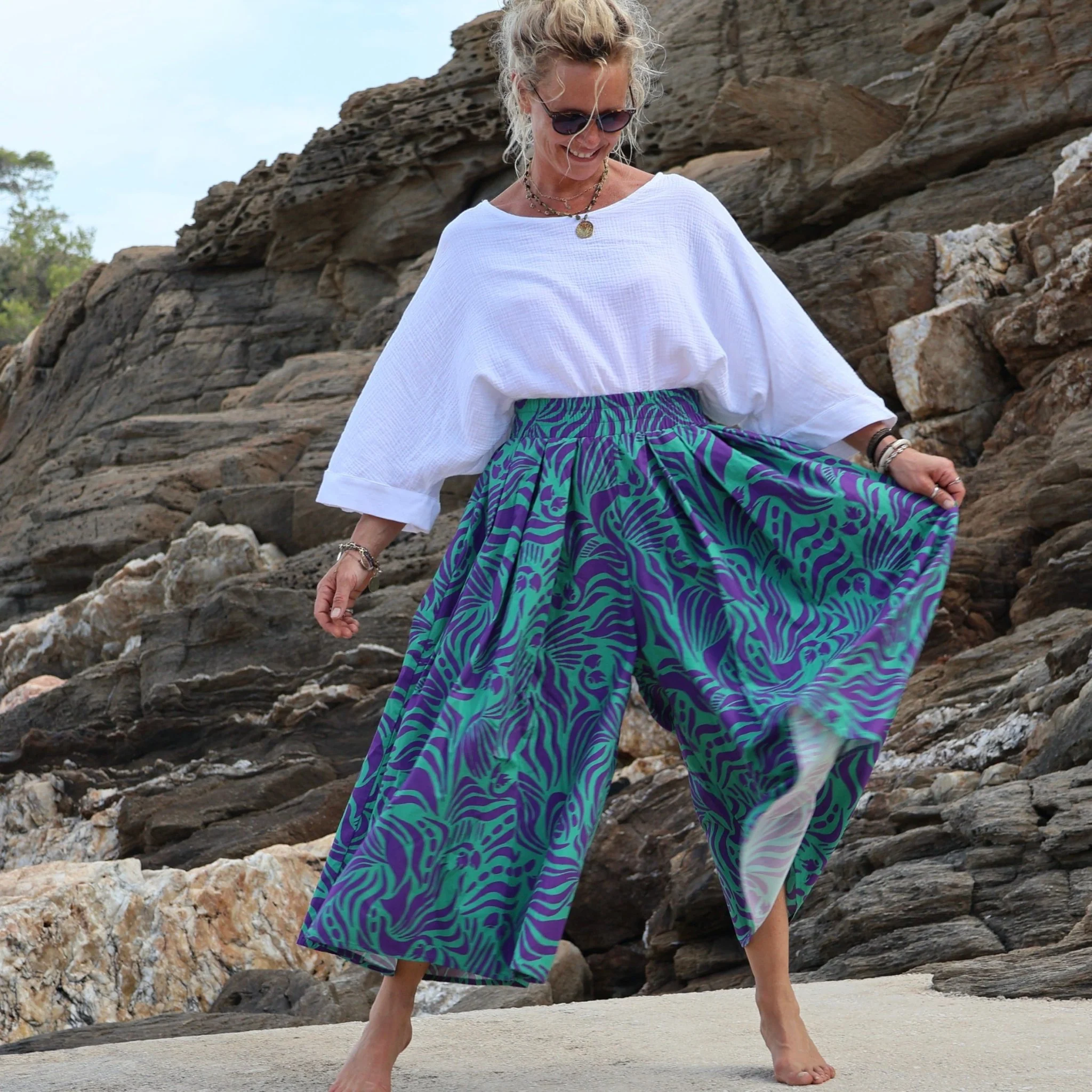 Pantalon Paco -  popeline de coton Ara vert/lilas - Image 7
