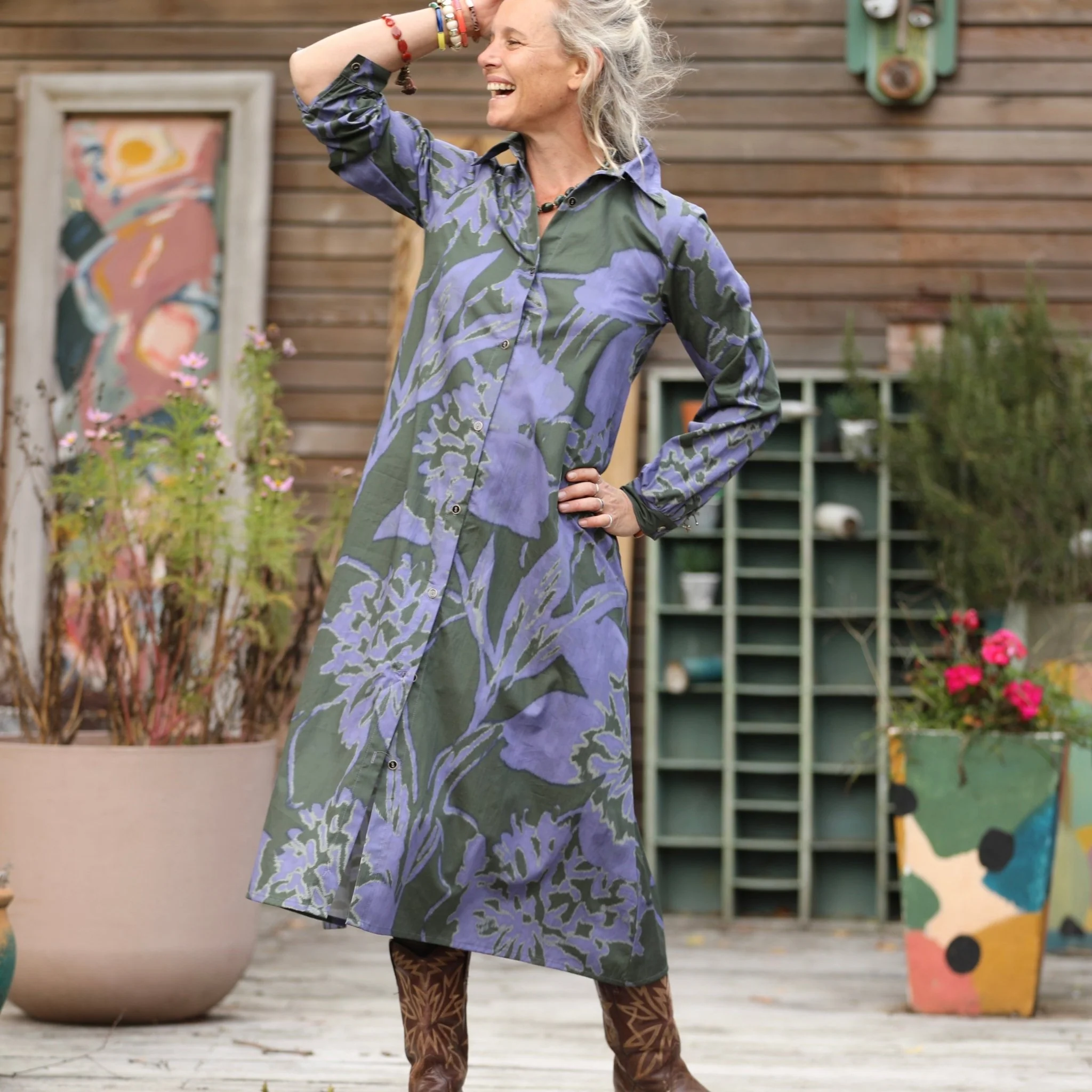 Robe Pensée - Satin de coton Ikat violet/kaki