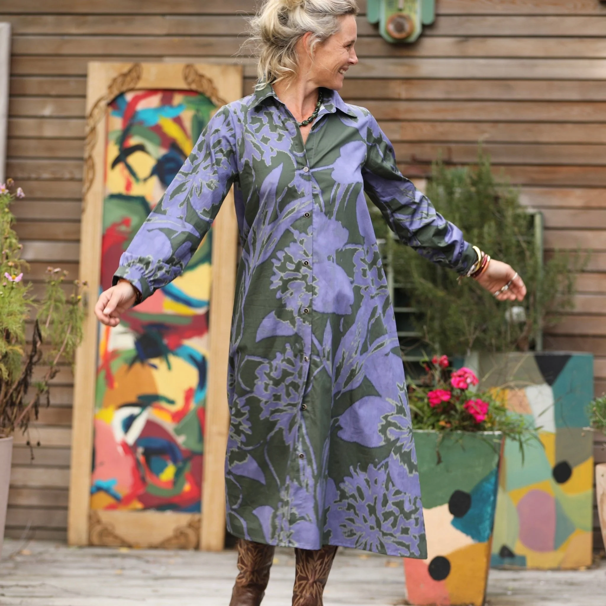 Robe Pensée - Satin de coton Ikat violet/kaki - Image 7