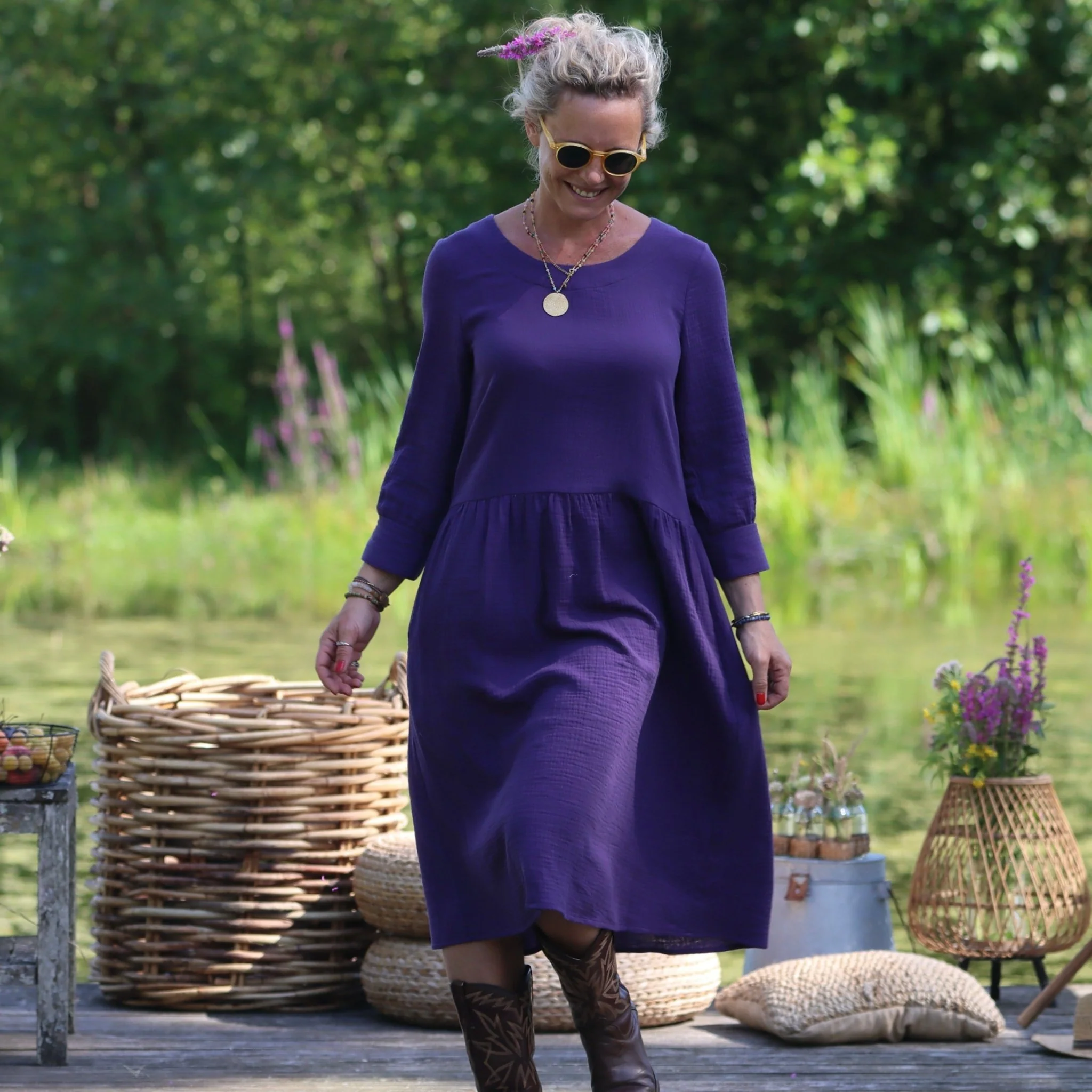 Robe Agnès - Double gaze de coton prune - Image 5