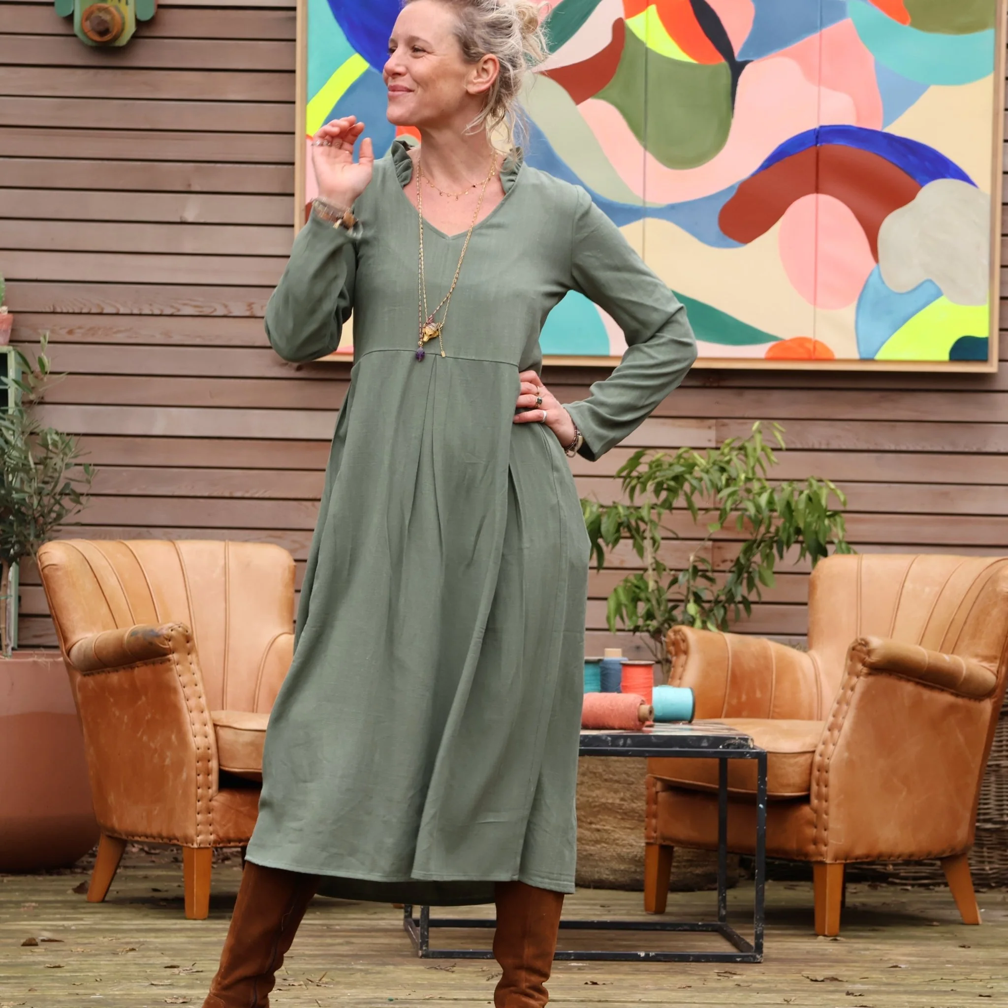 Robe Aria -  viscose/lin kaki - Image 6