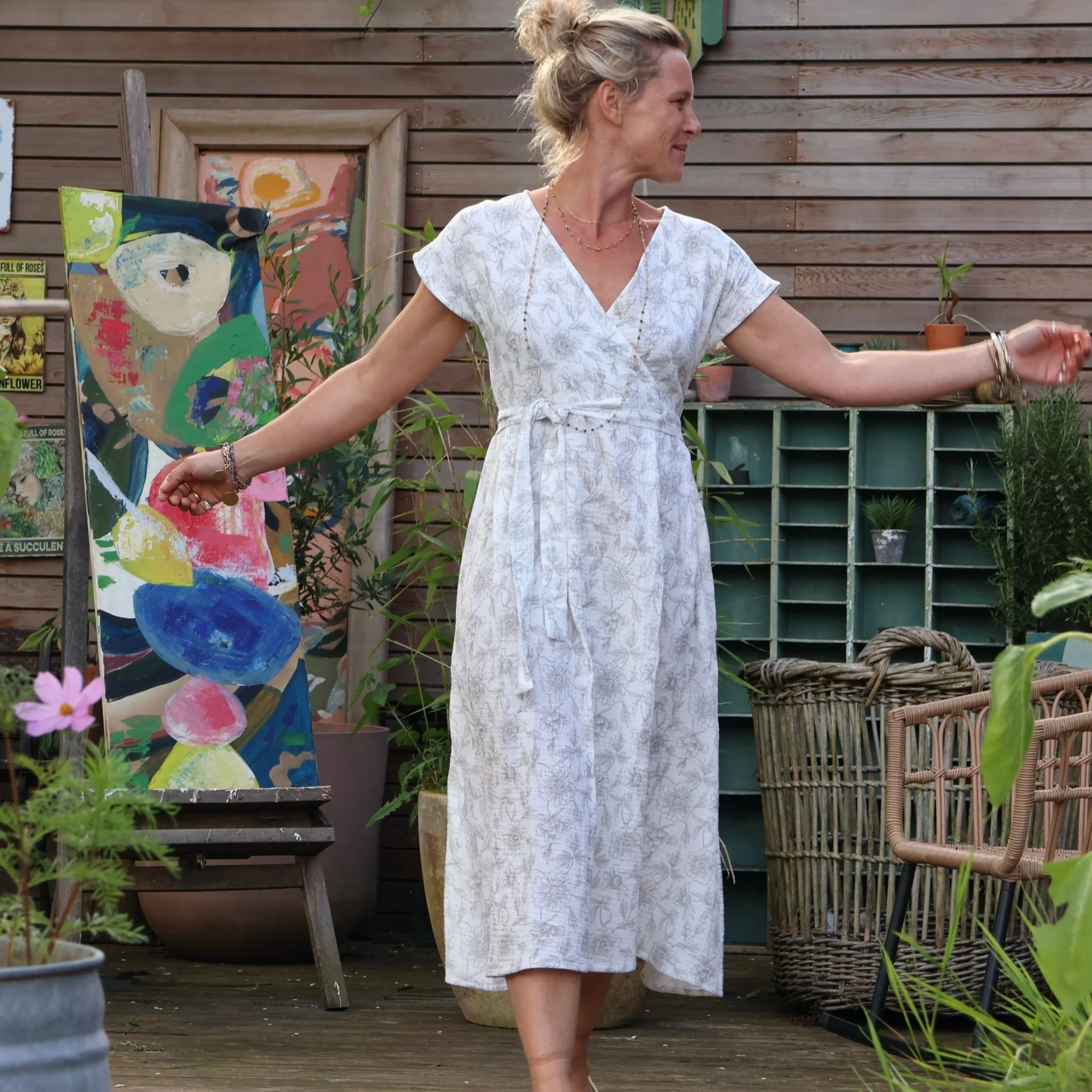 Robe Athéna - Double gaze de coton blanche fleurie