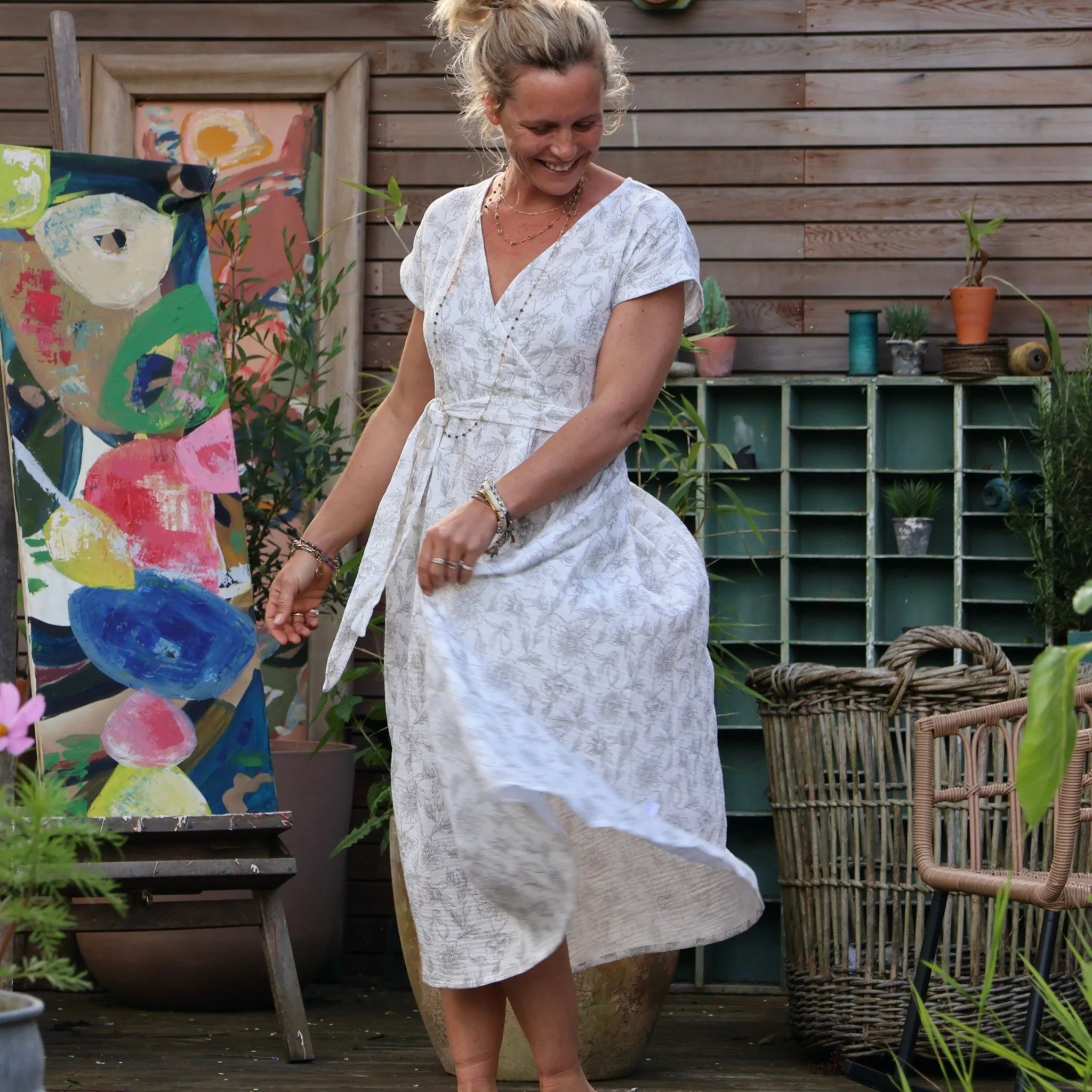 Robe Athéna - Double gaze de coton blanche fleurie - Image 7