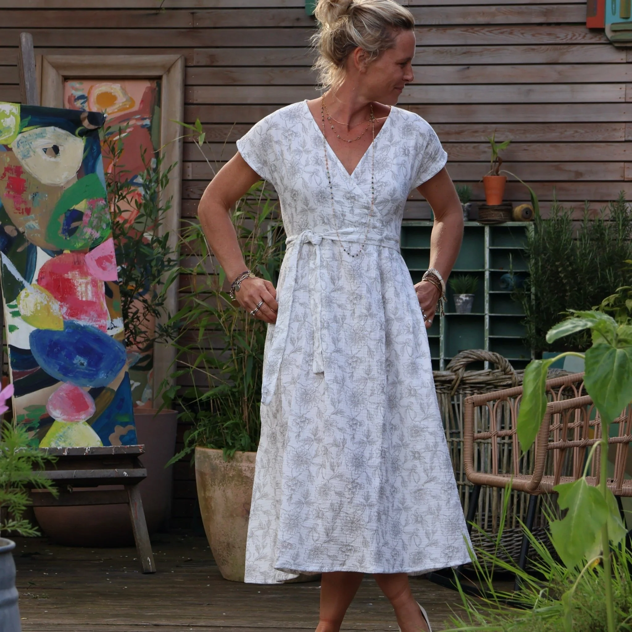 Robe Athéna - Double gaze de coton blanche fleurie - Image 8