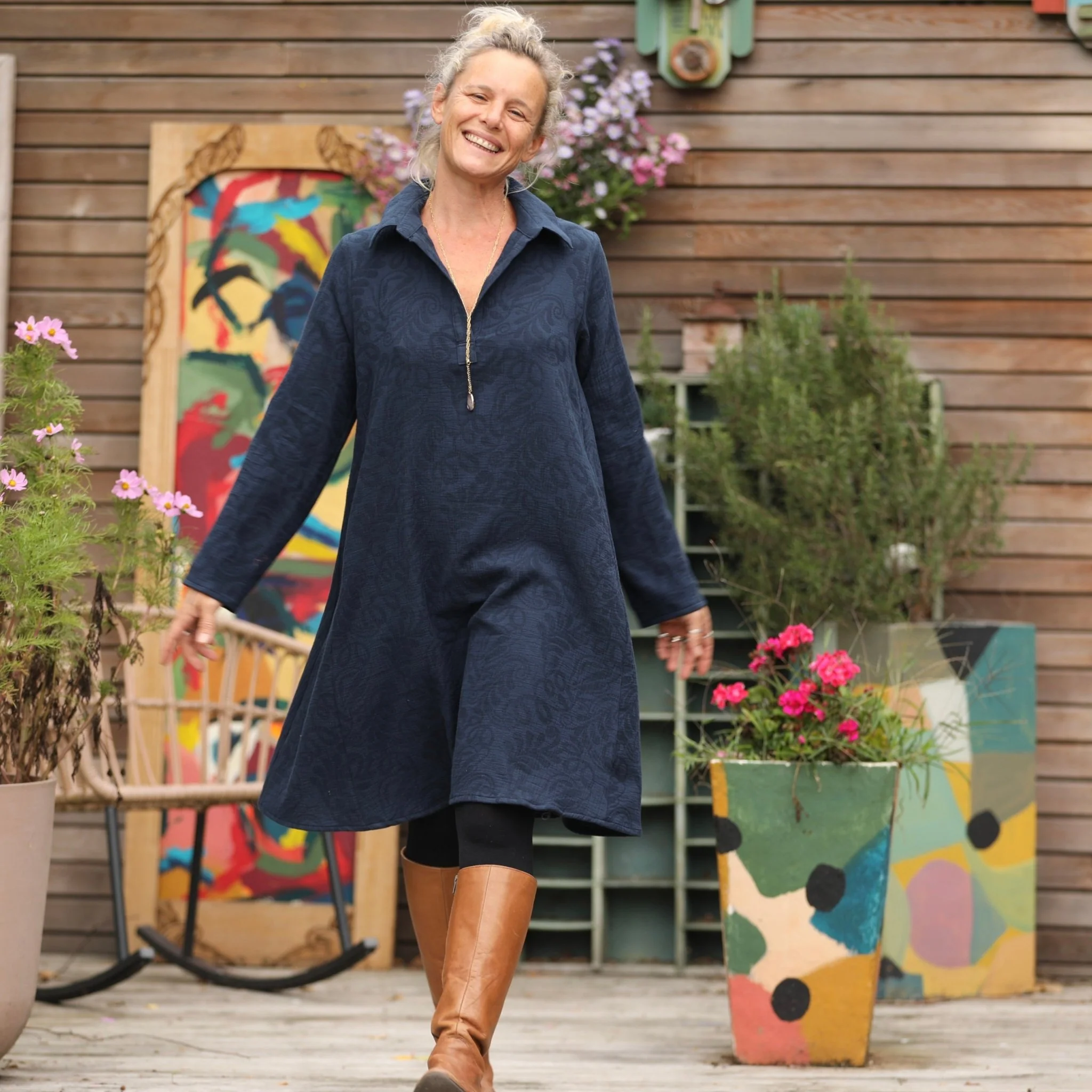 Robe Carole - Jacquard de coton lin bleu marine