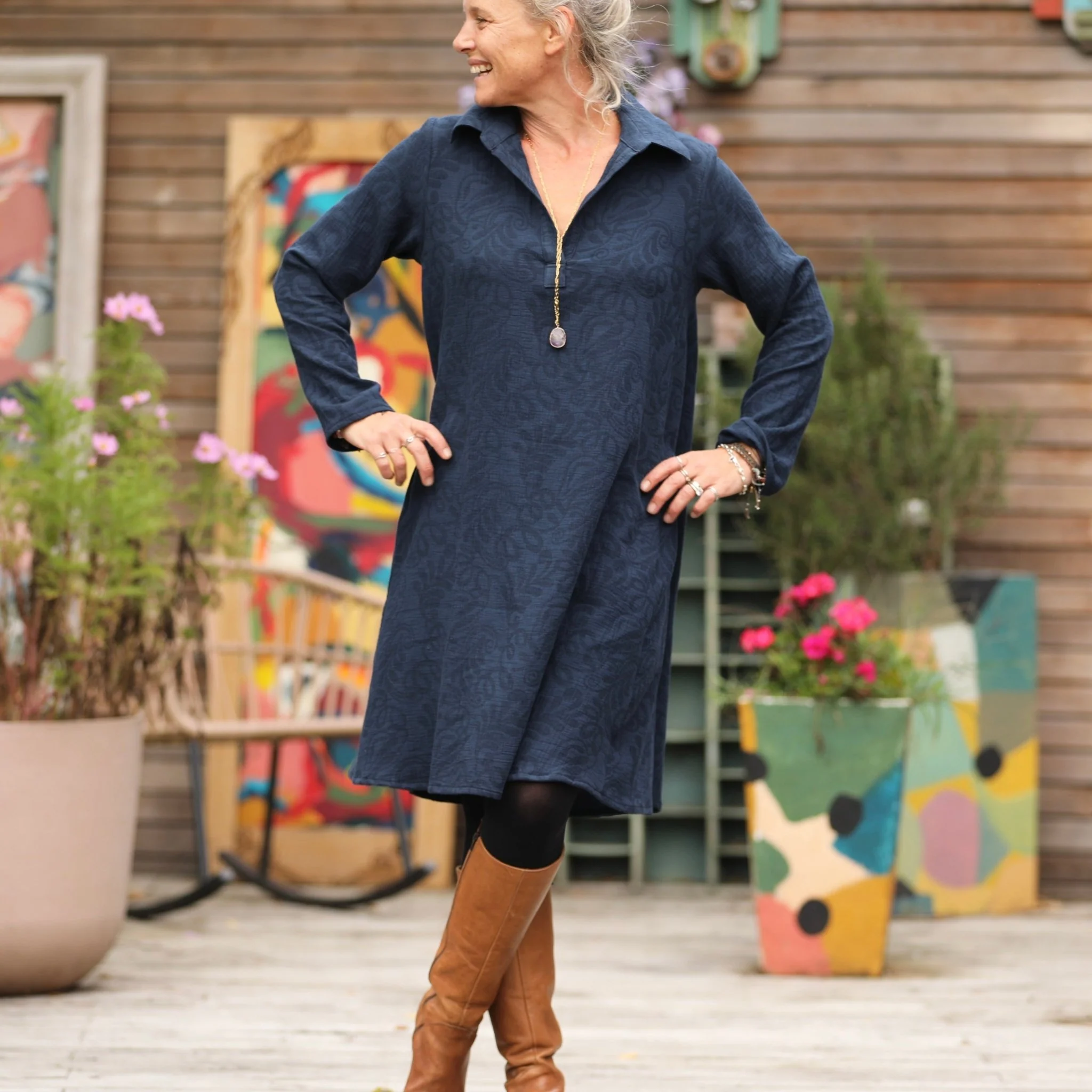 Robe Carole - Jacquard de coton lin bleu marine - Image 5