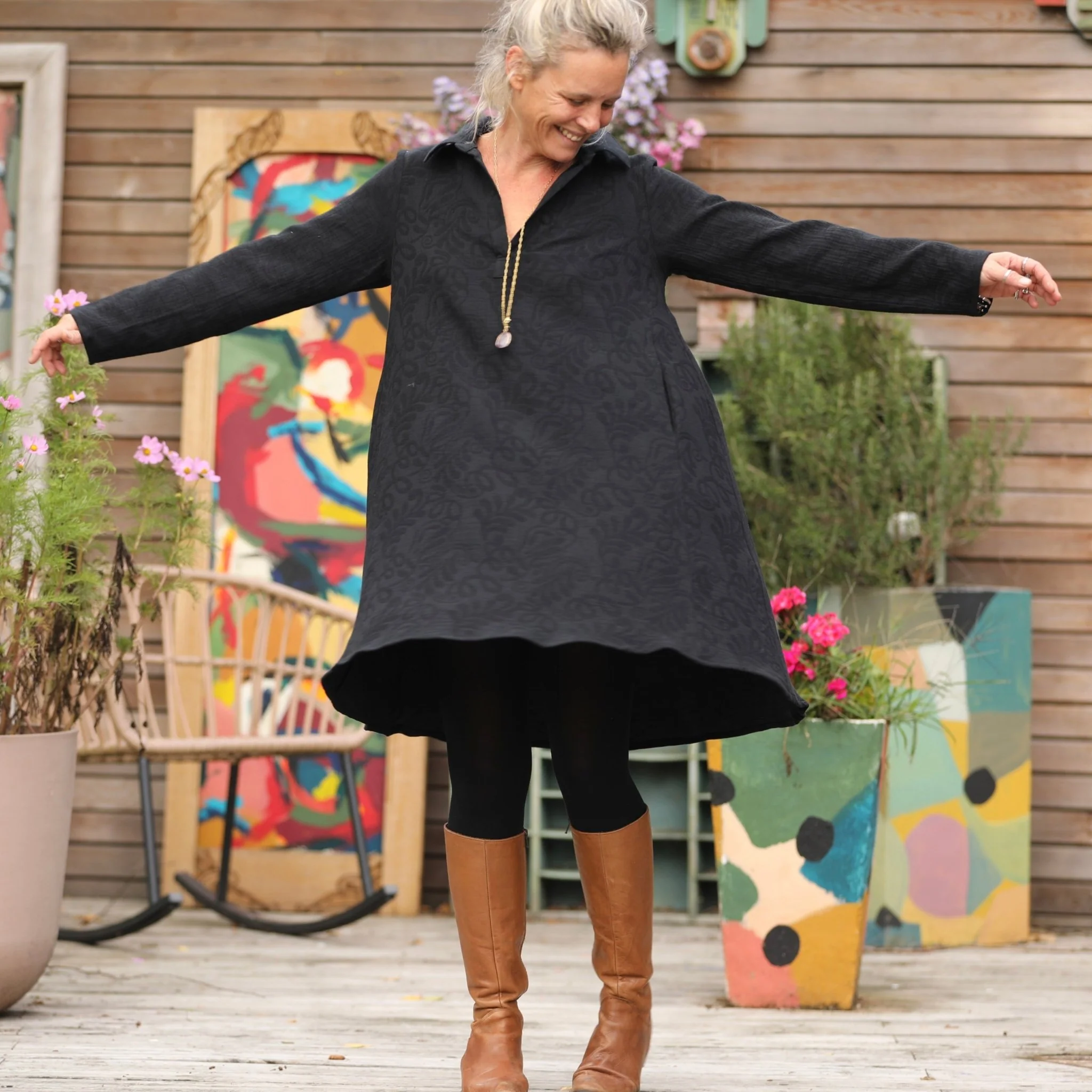 Robe Carole - Jacquard de coton lin noir - Image 3
